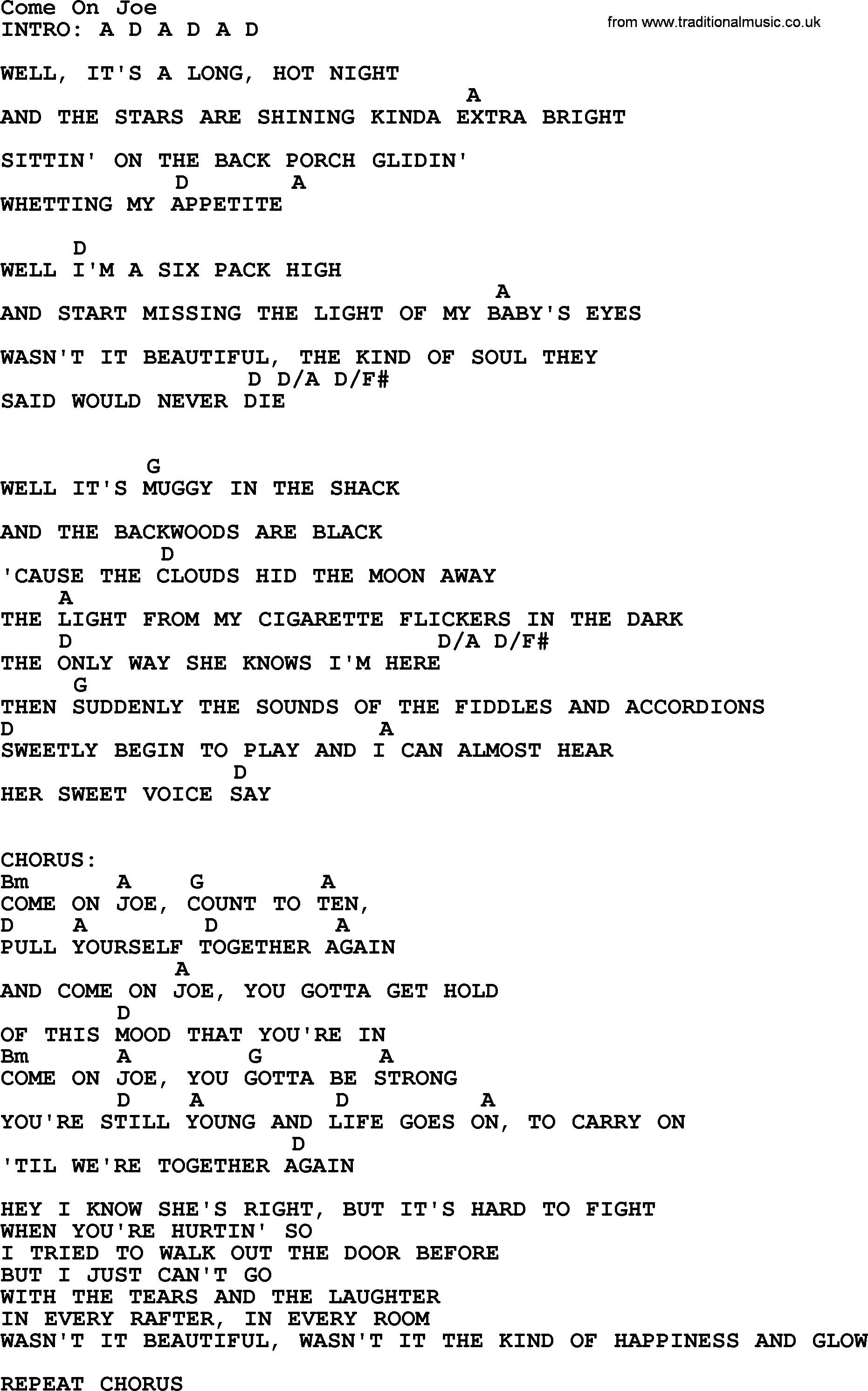 George Strait song: Come On Joe, lyrics and chords
