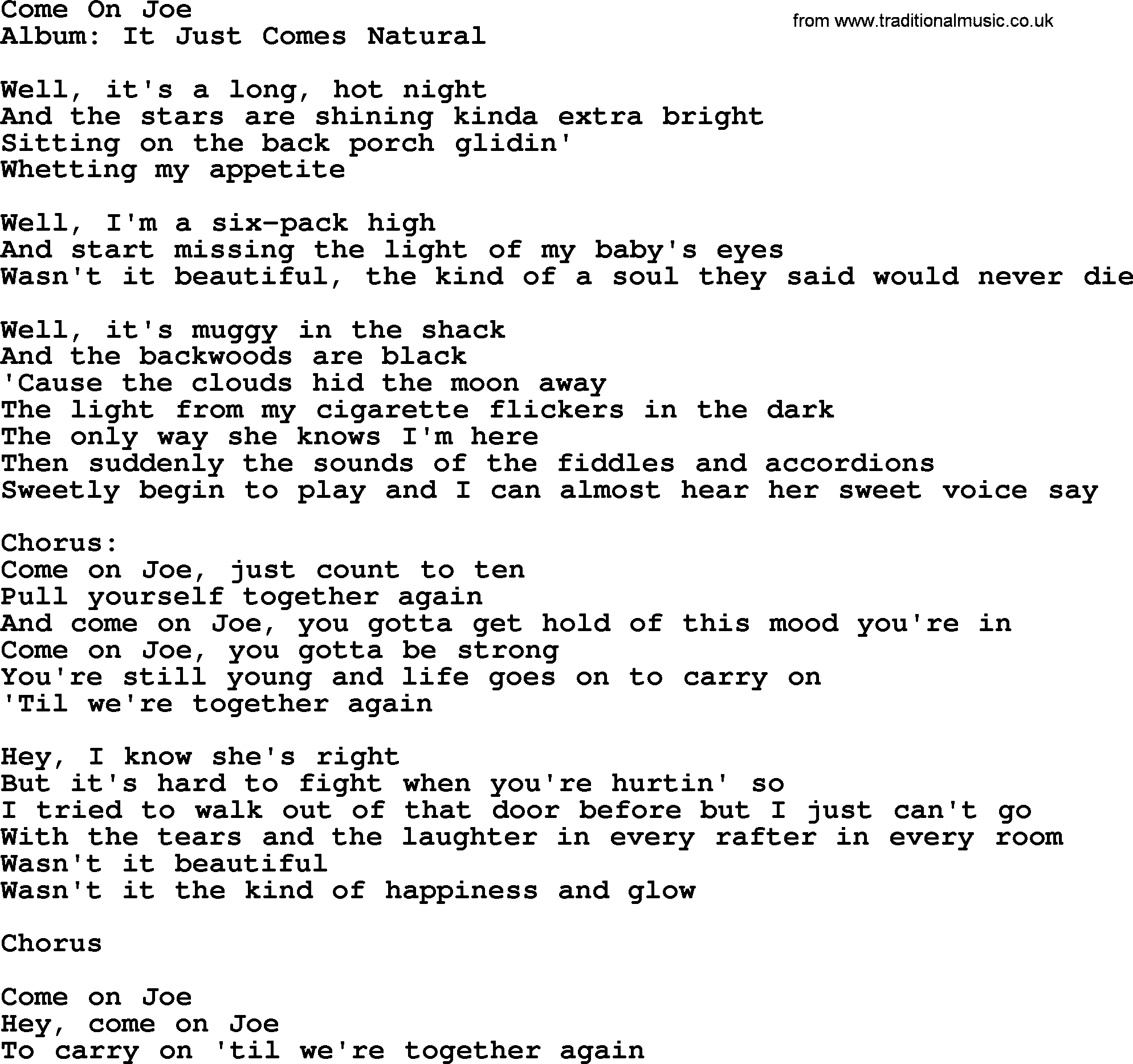 George Strait song: Come On Joe, lyrics
