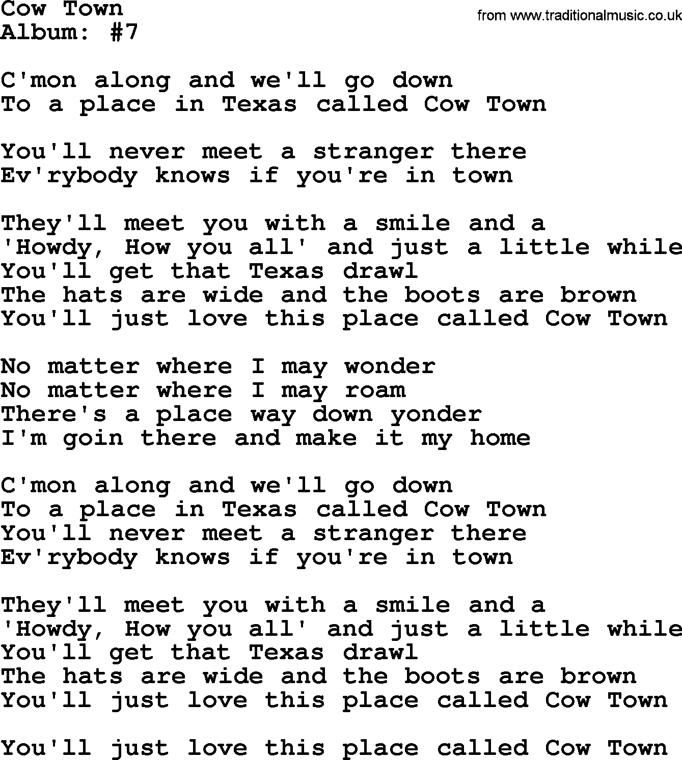 George Strait song: Cow Town, lyrics