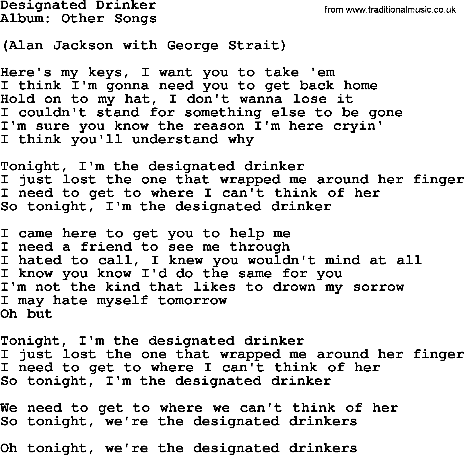 George Strait song: Designated Drinker, lyrics