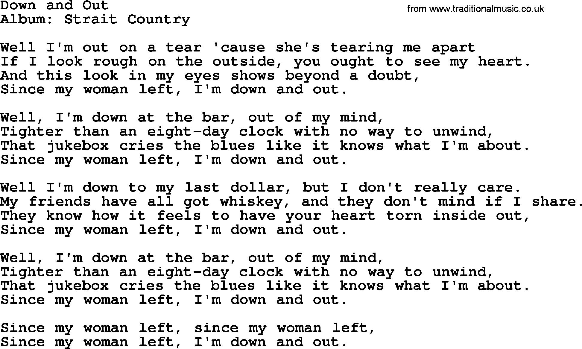 George Strait song: Down and Out, lyrics
