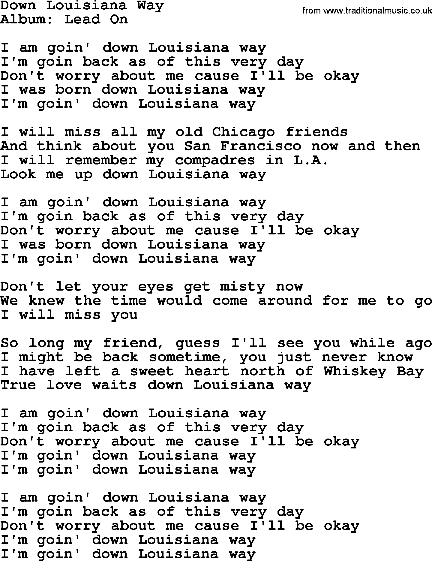 George Strait song: Down Louisiana Way, lyrics