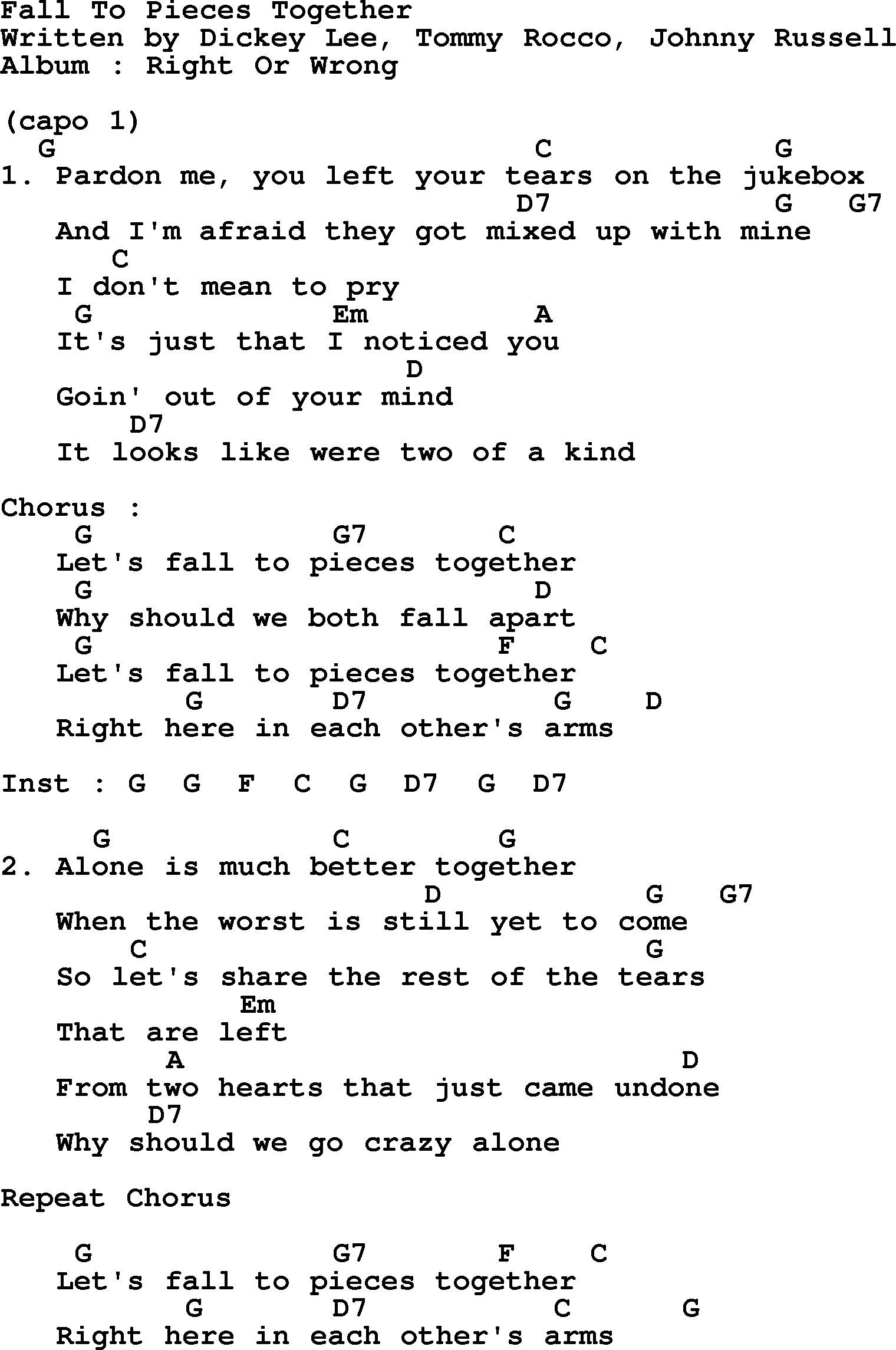 George Strait song: Fall To Pieces Together, lyrics and chords