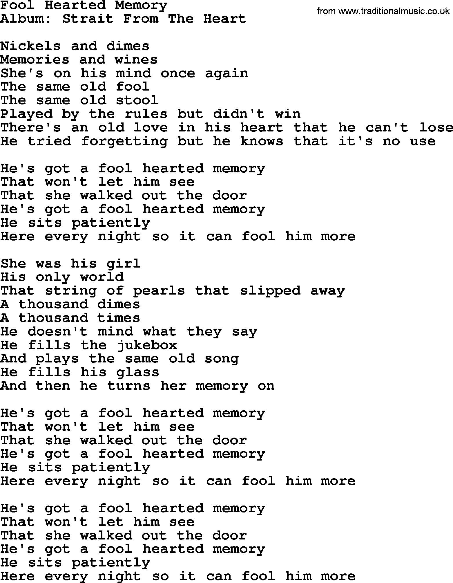 George Strait song: Fool Hearted Memory, lyrics
