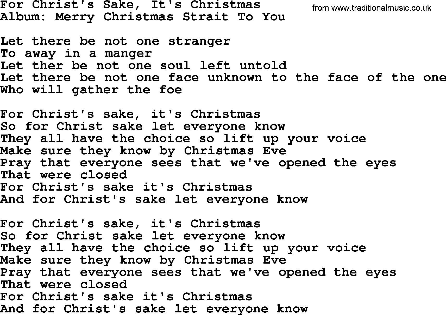 George Strait song: For Christ's Sake, It's Christmas, lyrics