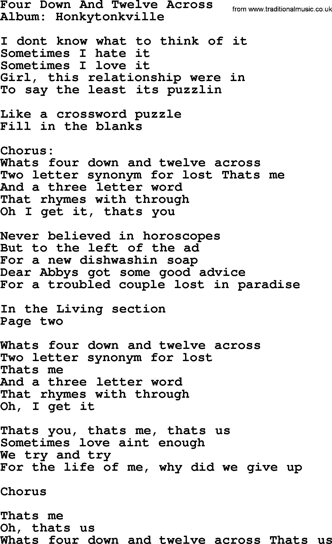 George Strait song: Four Down And Twelve Across, lyrics
