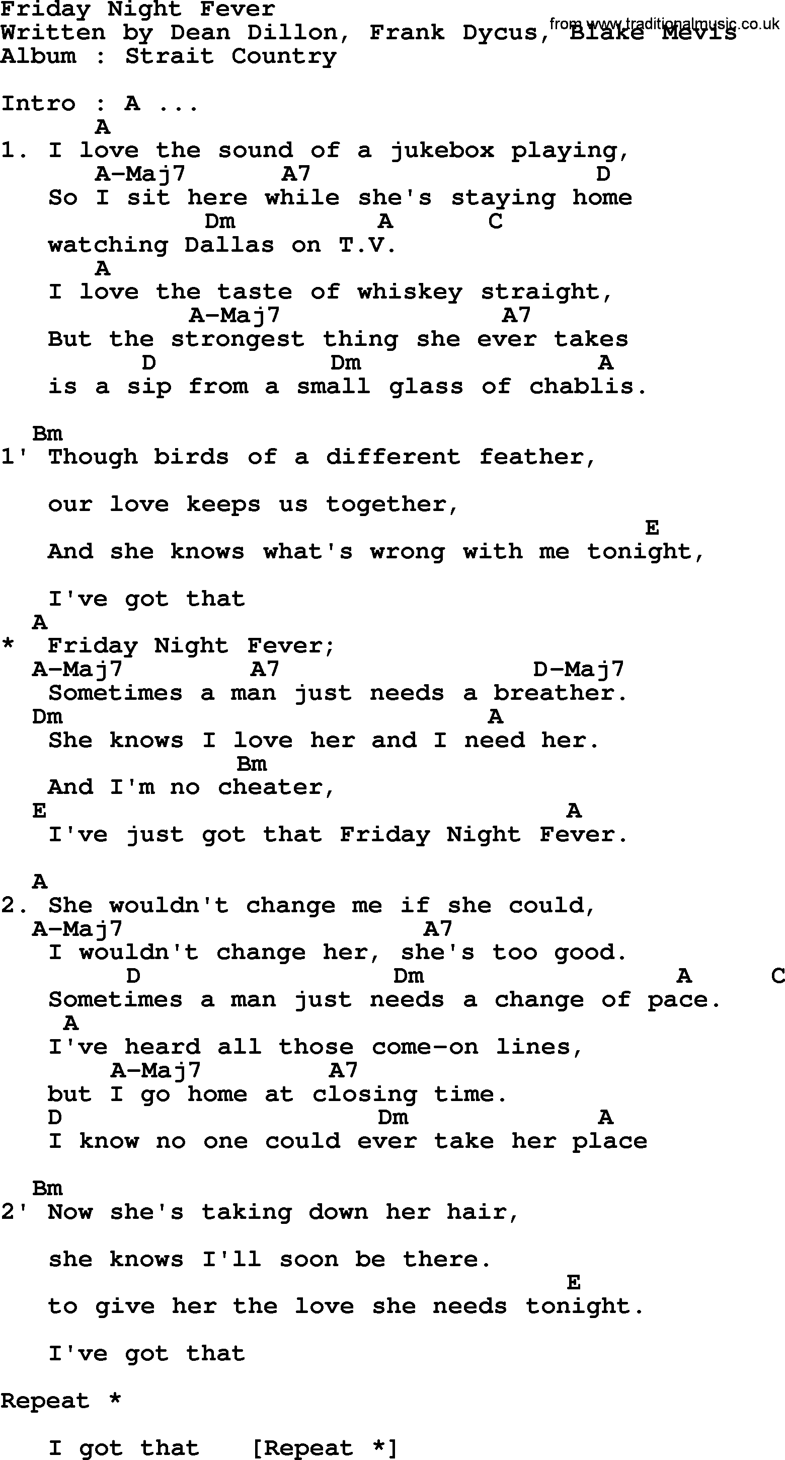 George Strait song: Friday Night Fever, lyrics and chords