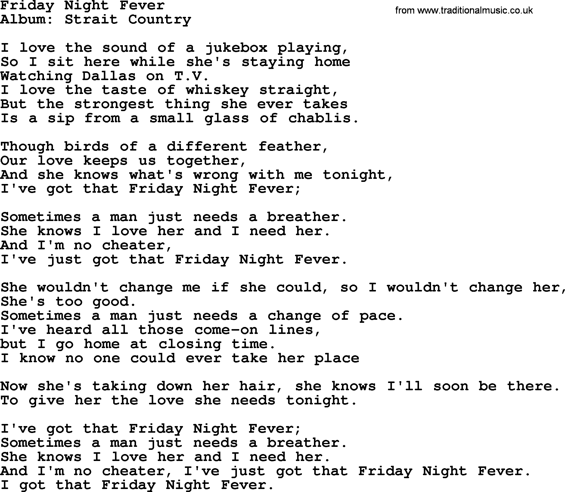 George Strait song: Friday Night Fever, lyrics