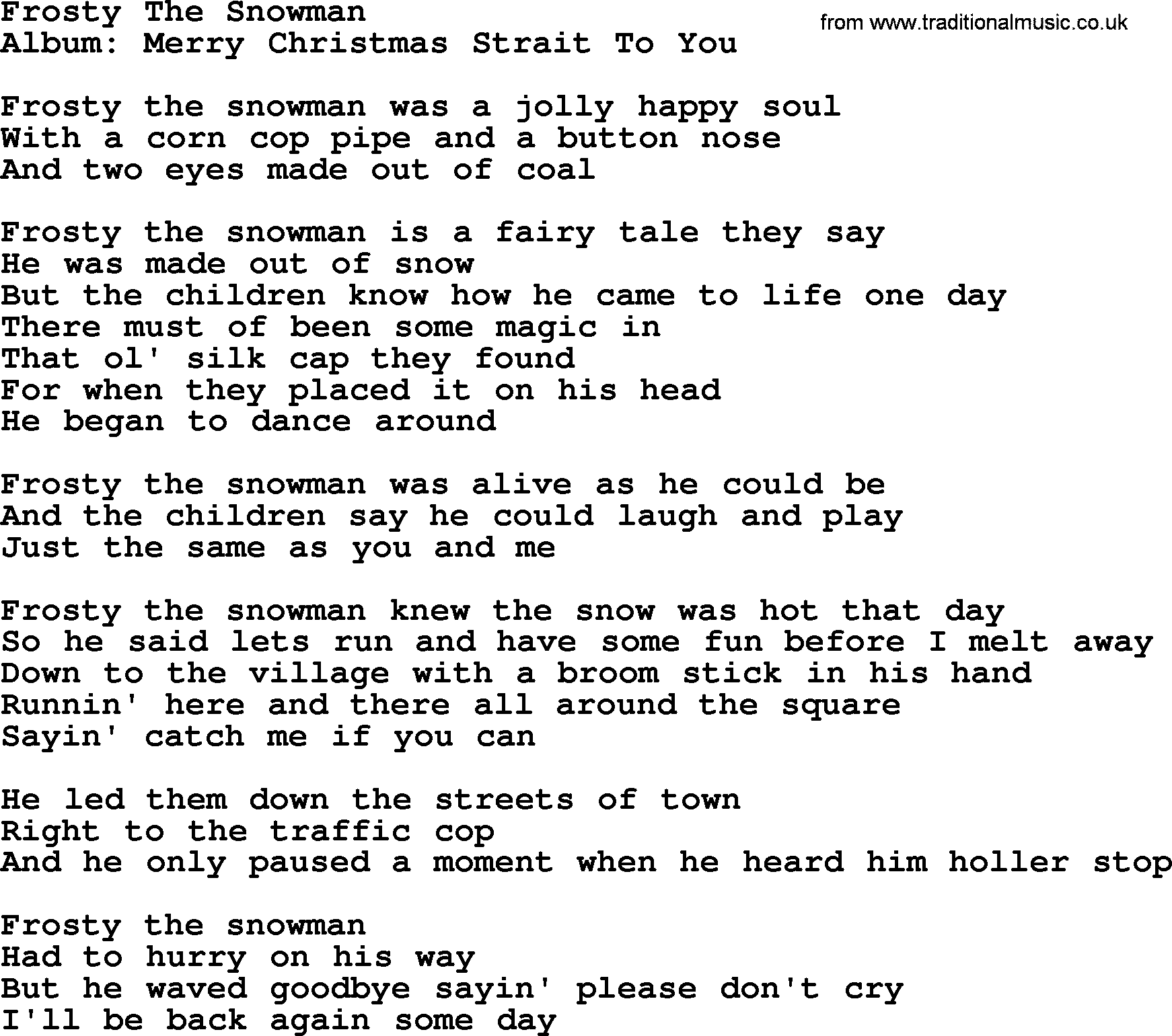Frosty The Snowman, by Strait lyrics