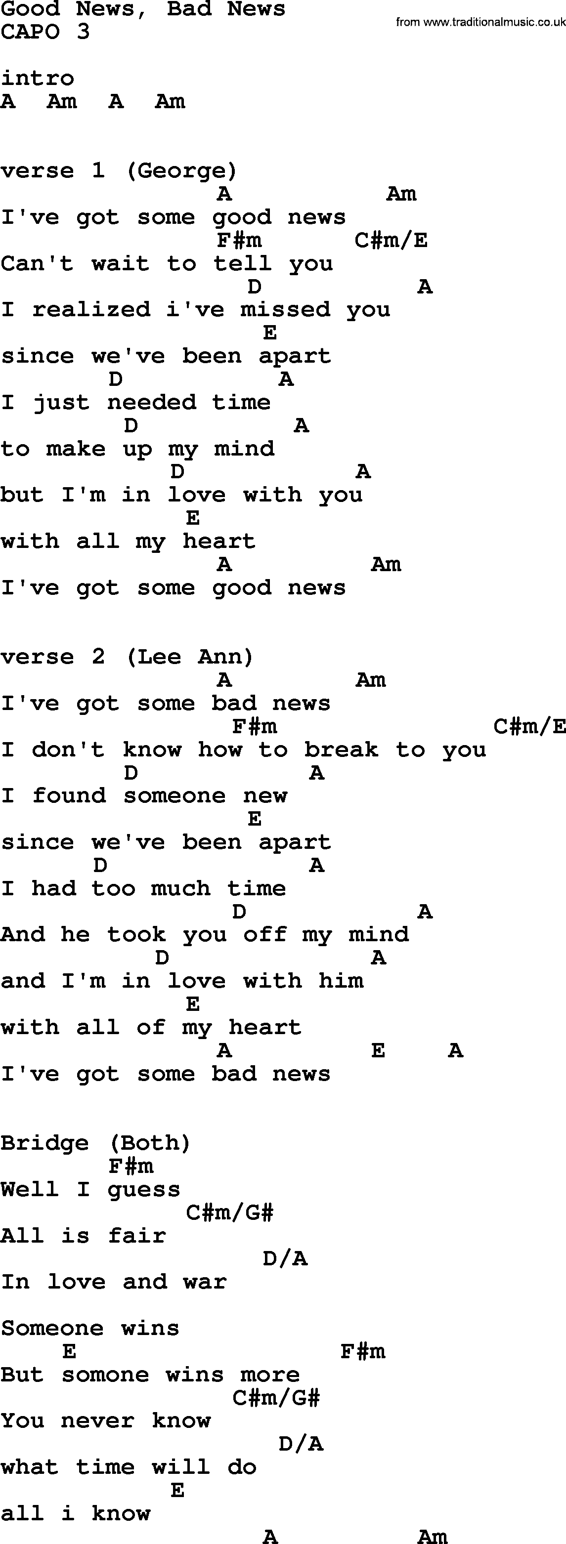 George Strait song: Good News, Bad News, lyrics and chords