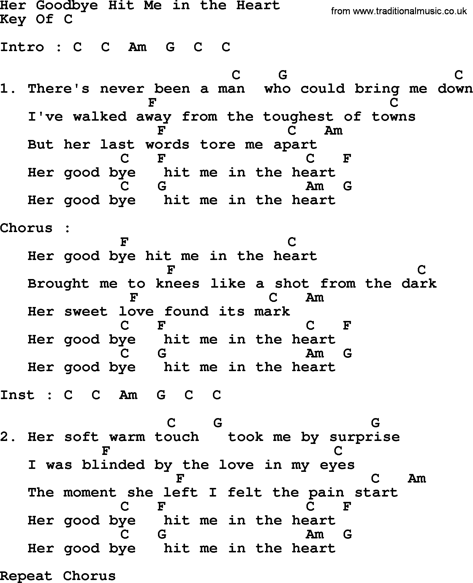 George Strait song: Her Goodbye Hit Me in the Heart, lyrics and chords