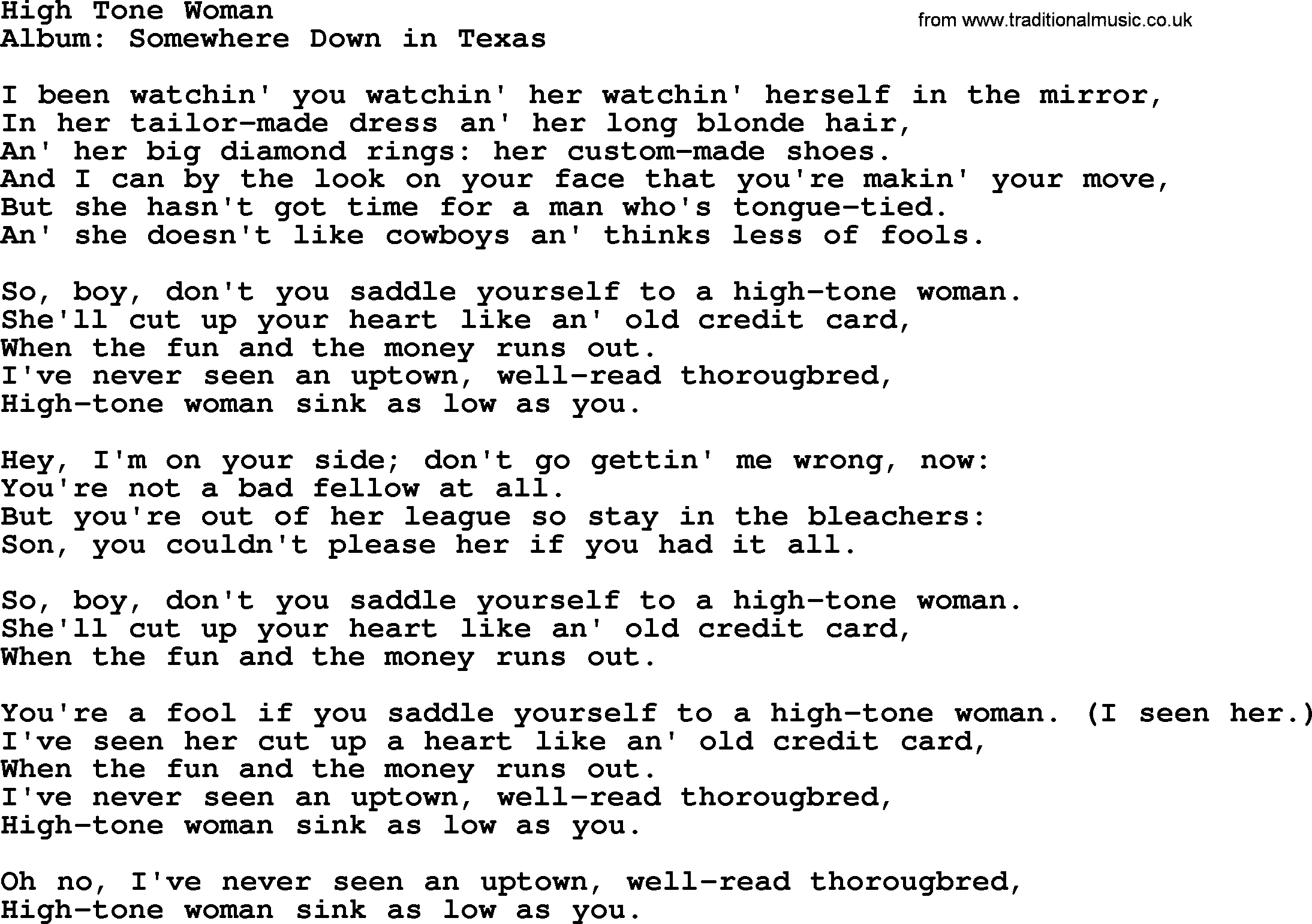 George Strait song: High Tone Woman, lyrics