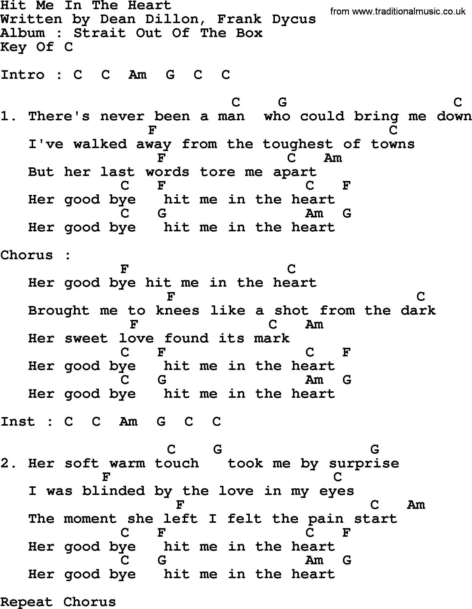 George Strait song: Hit Me In The Heart, lyrics and chords