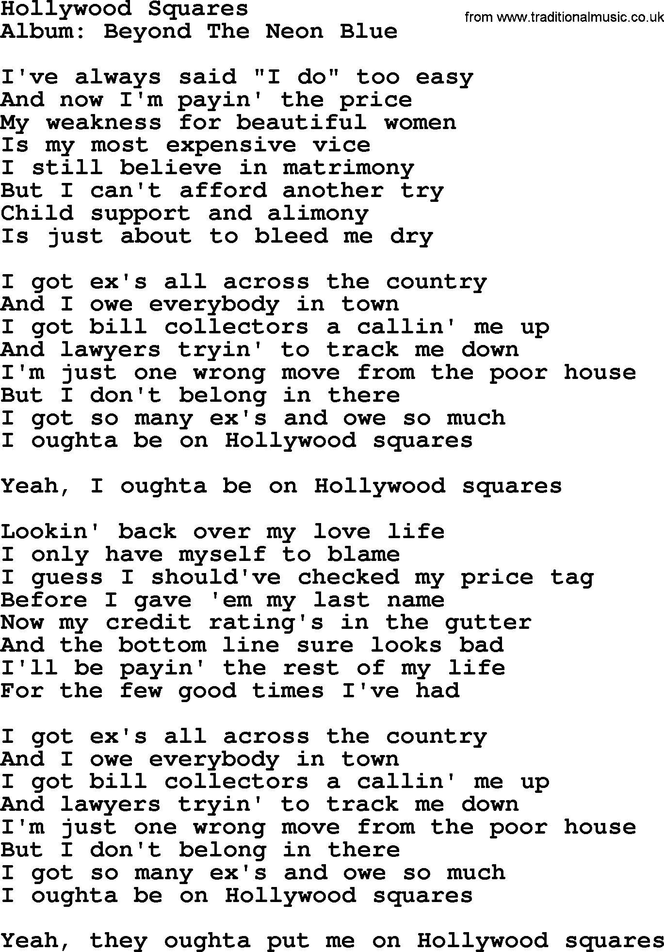 George Strait song: Hollywood Squares, lyrics