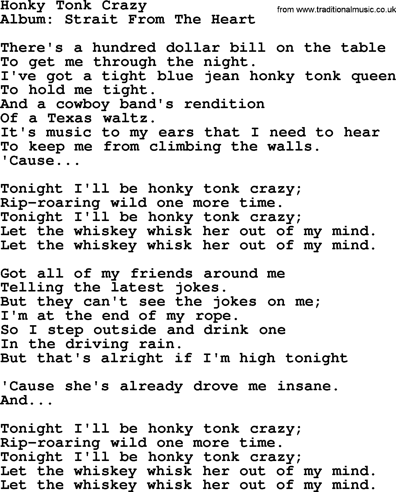 George Strait song: Honky Tonk Crazy, lyrics