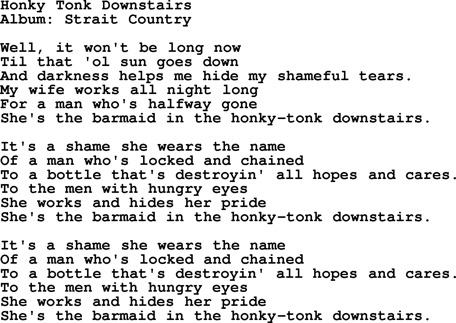 George Strait song: Honky Tonk Downstairs, lyrics