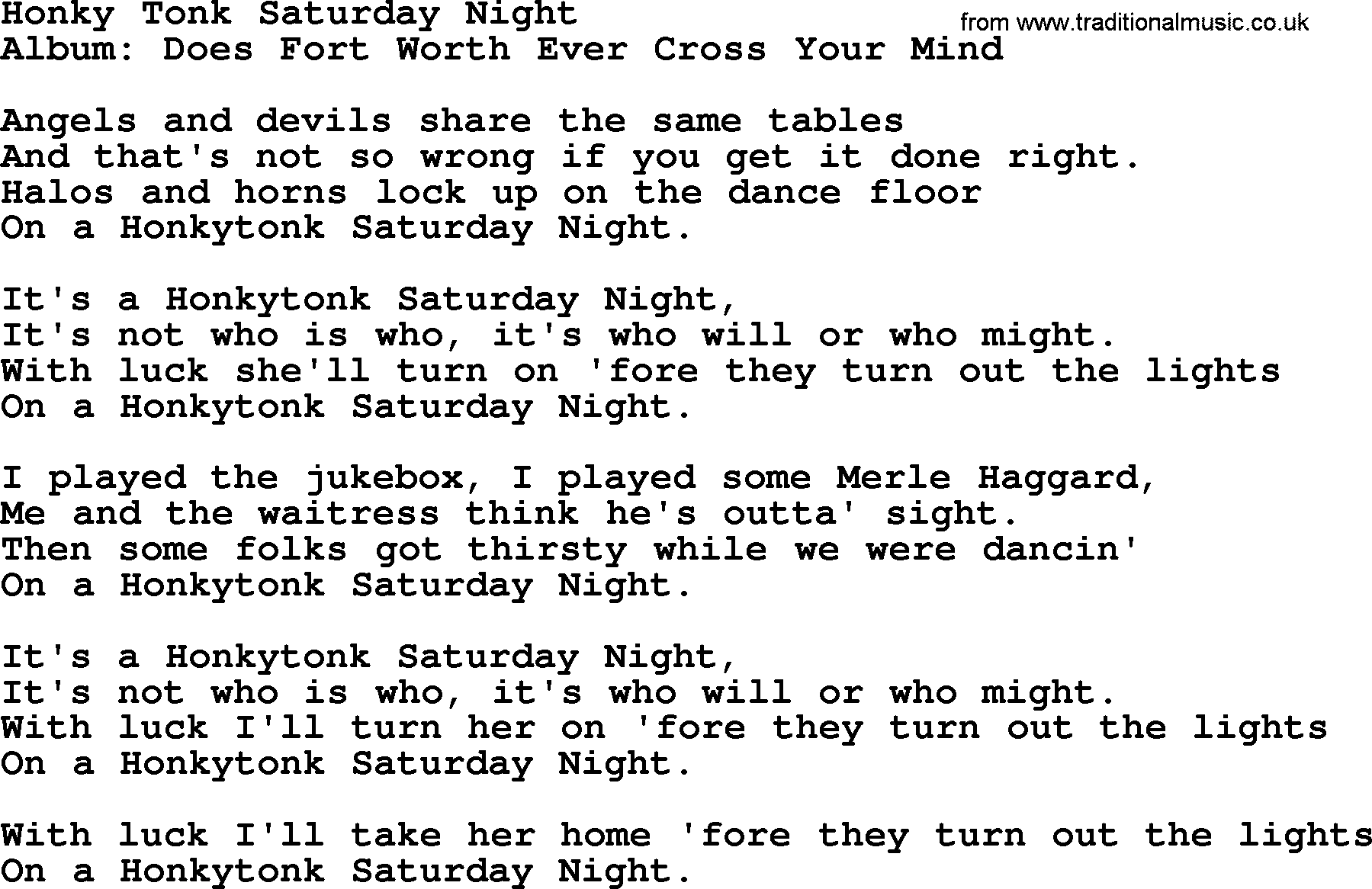 George Strait song: Honky Tonk Saturday Night, lyrics