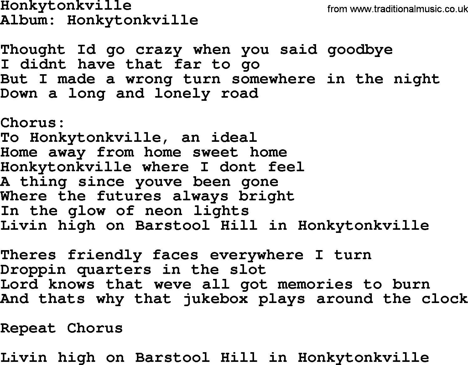 George Strait song: Honkytonkville, lyrics