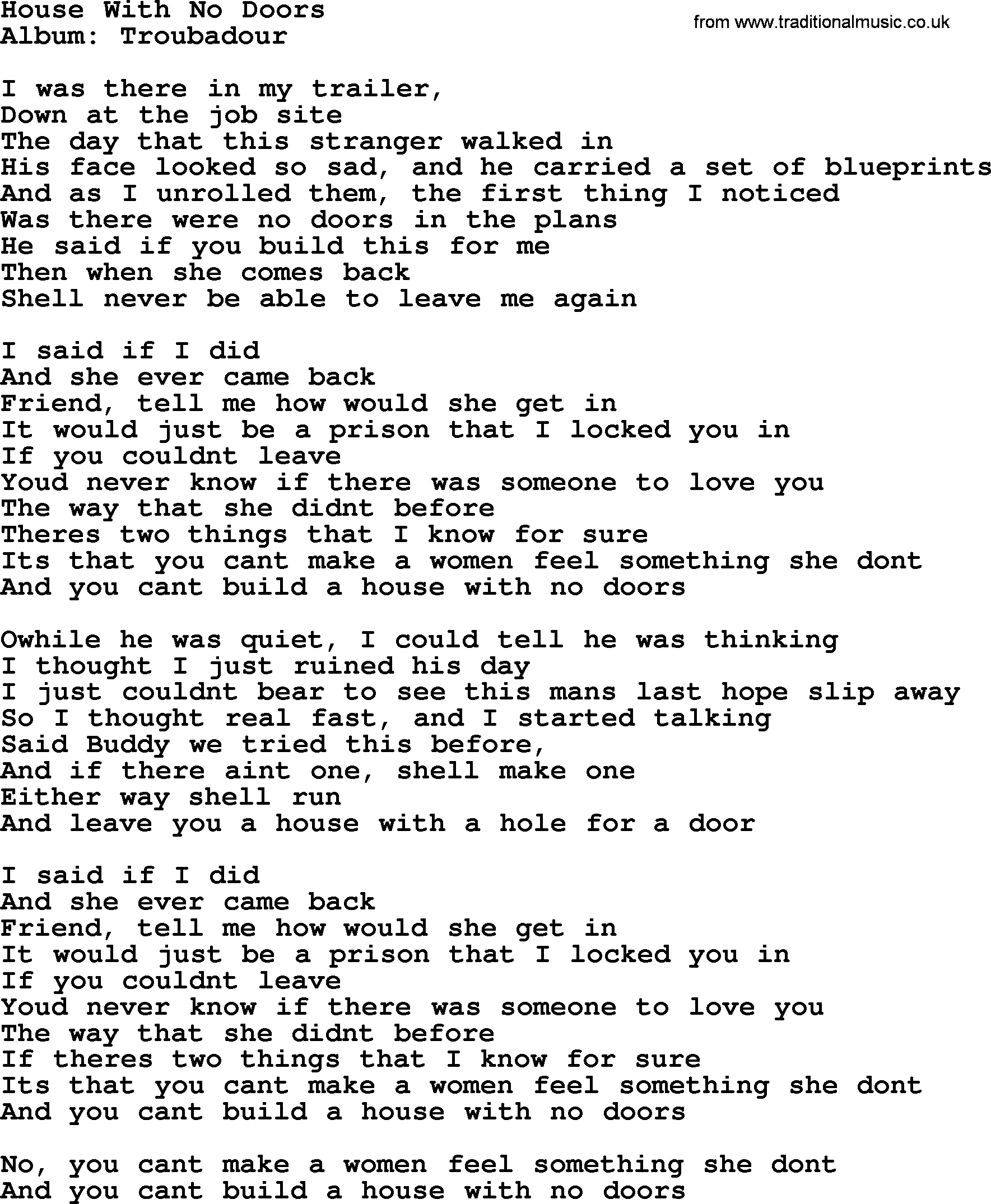 George Strait song: House With No Doors, lyrics