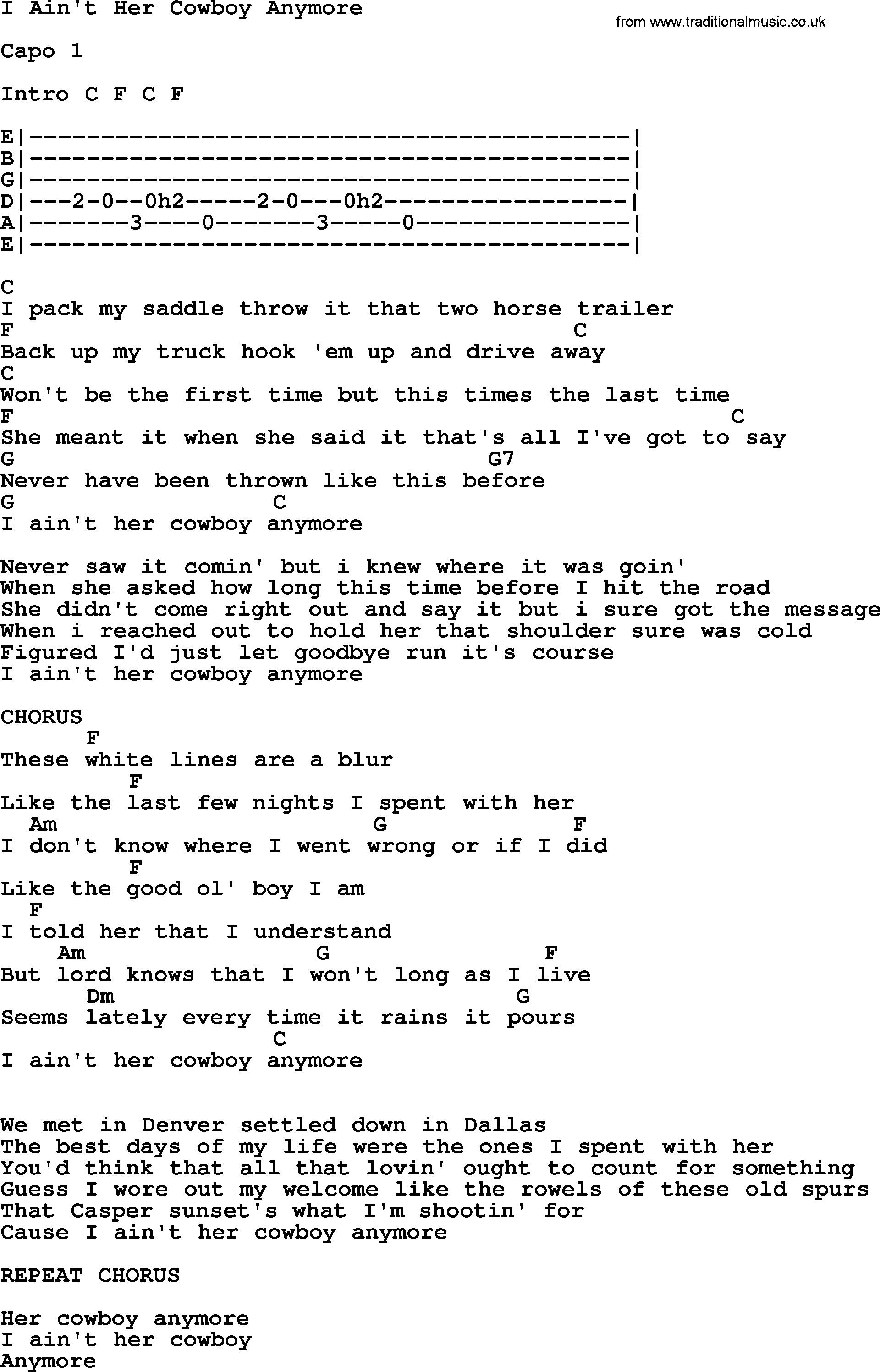 George Strait song: I Ain't Her Cowboy Anymore, lyrics and chords