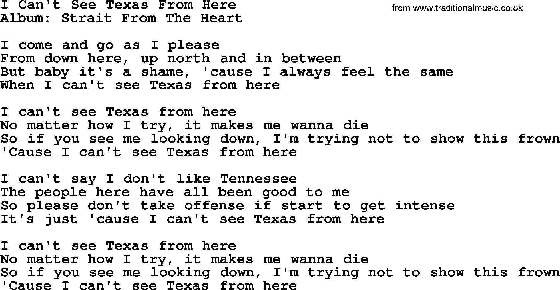 George Strait song: I Can't See Texas From Here, lyrics