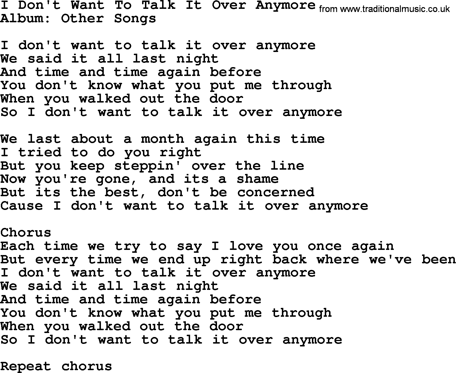 George Strait song: I Don't Want To Talk It Over Anymore, lyrics