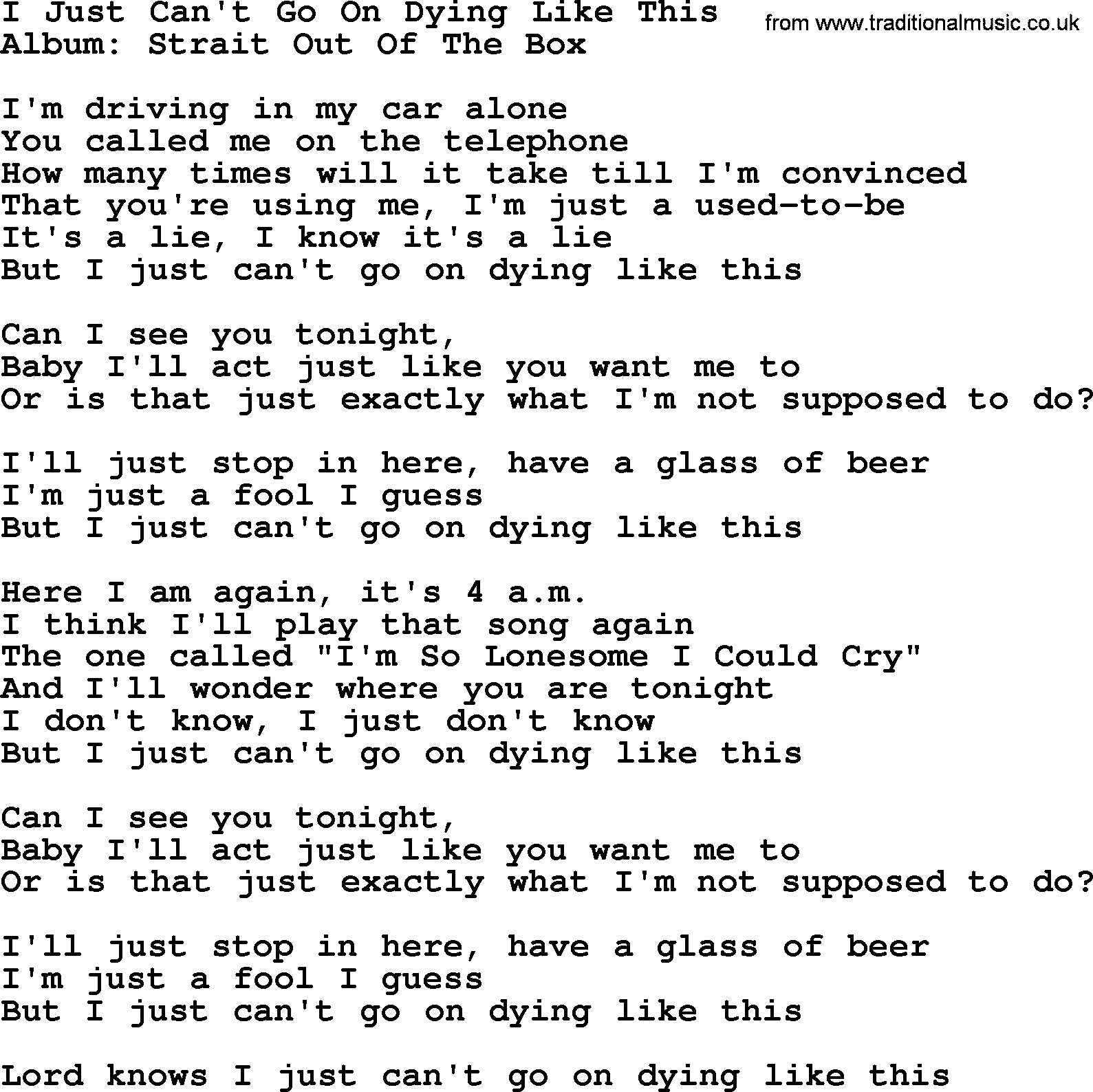 George Strait song: I Just Can't Go On Dying Like This, lyrics