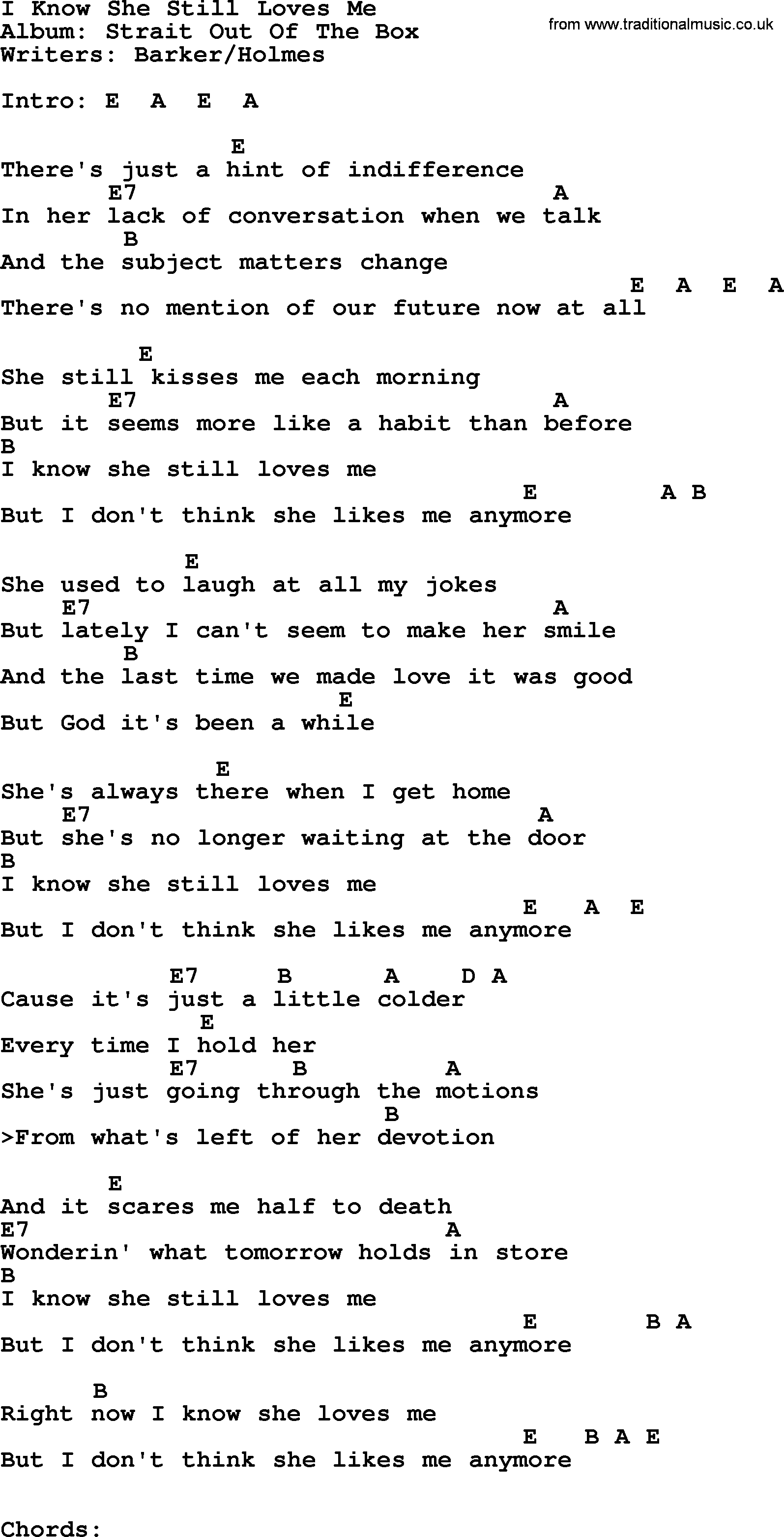 George Strait song: I Know She Still Loves Me, lyrics and chords