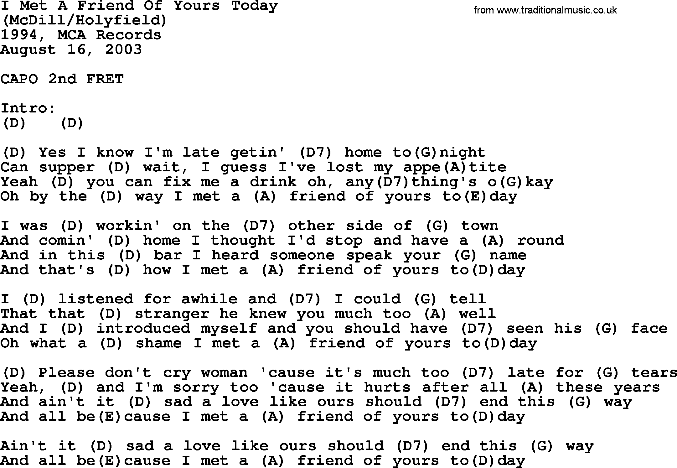 George Strait song: I Met A Friend Of Yours Today, lyrics and chords