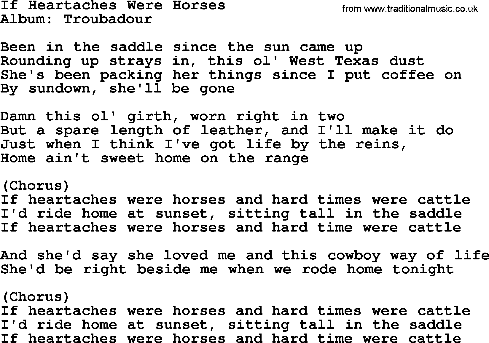 George Strait song: If Heartaches Were Horses, lyrics