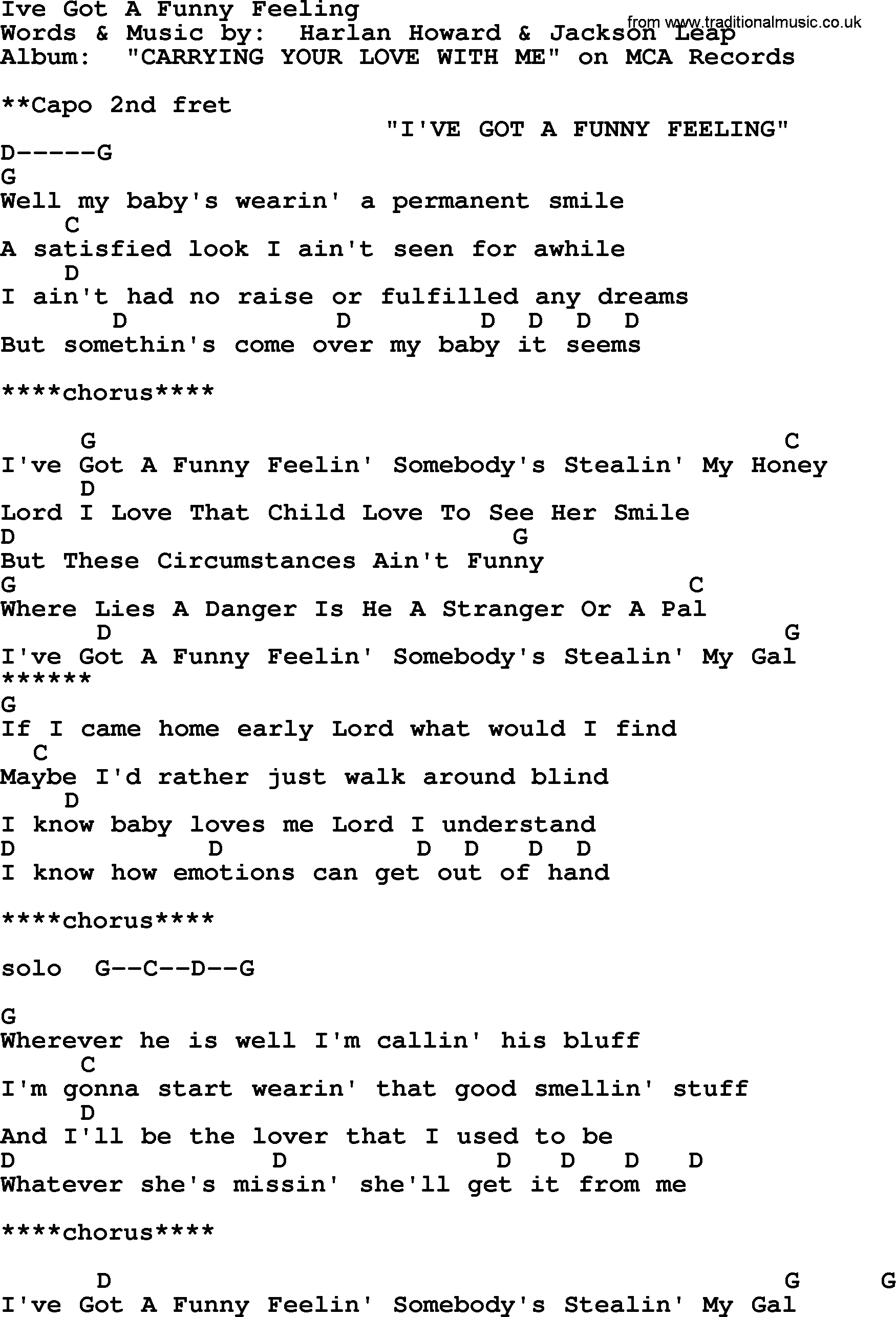 George Strait song: Ive Got A Funny Feeling, lyrics and chords