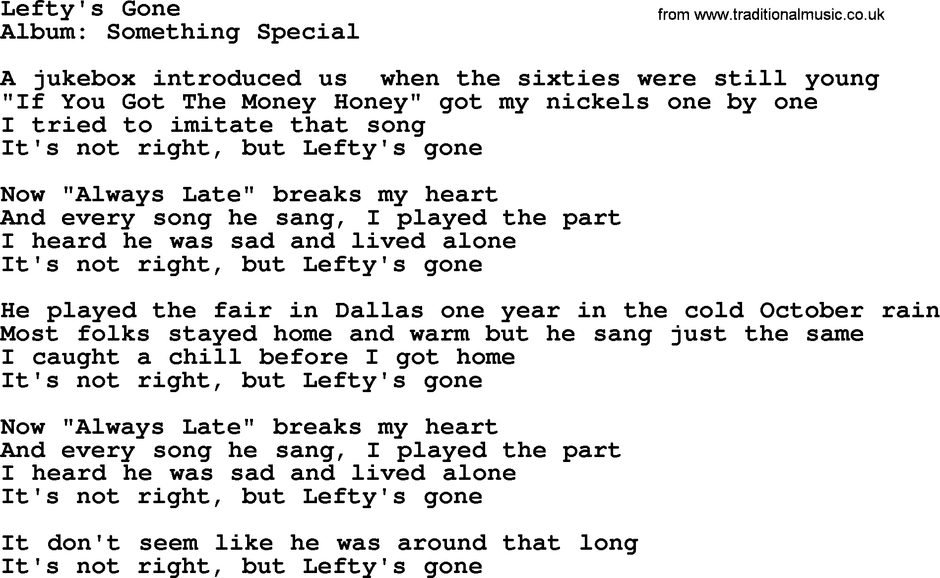 George Strait song: Lefty's Gone, lyrics