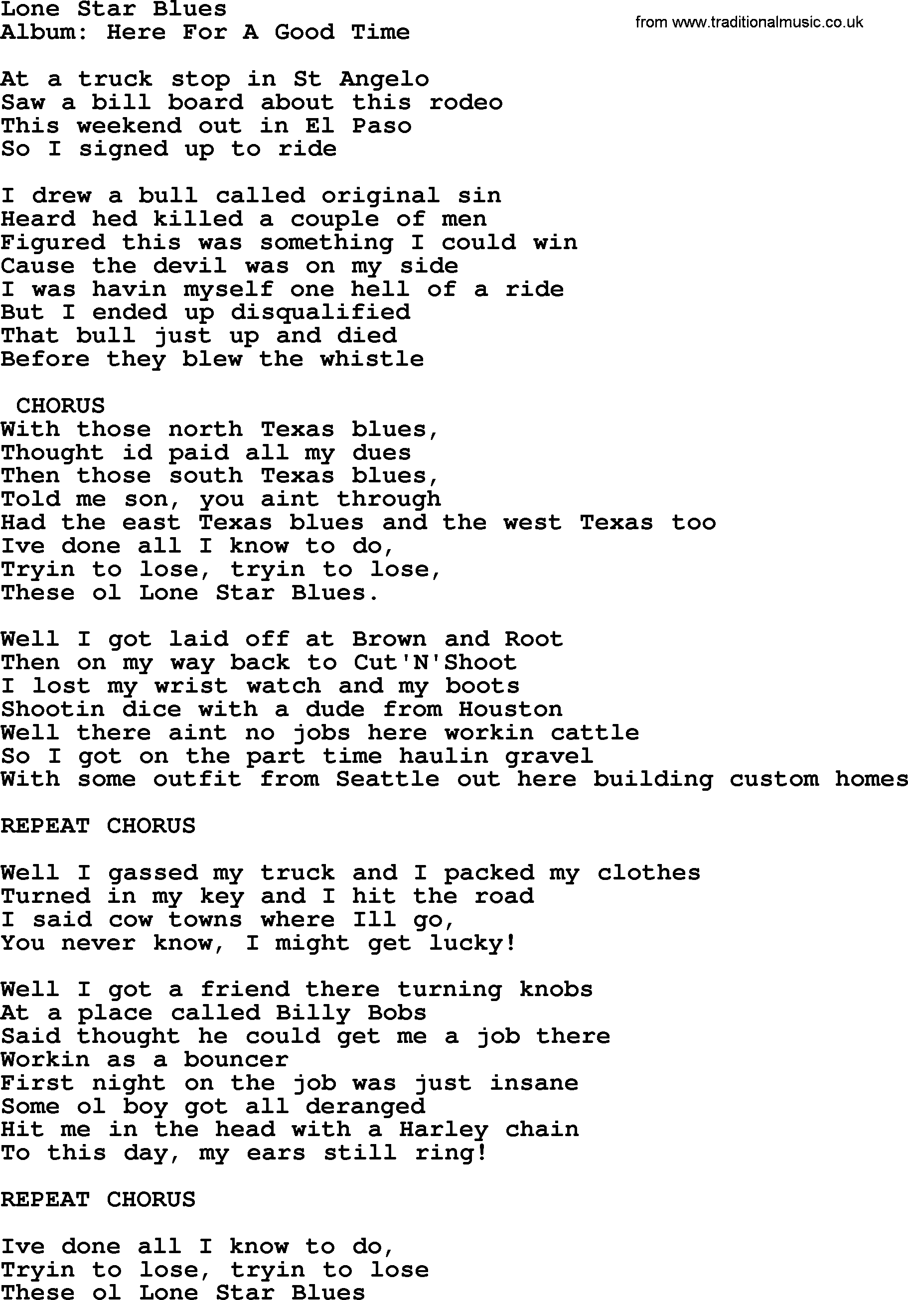 George Strait song: Lone Star Blues, lyrics