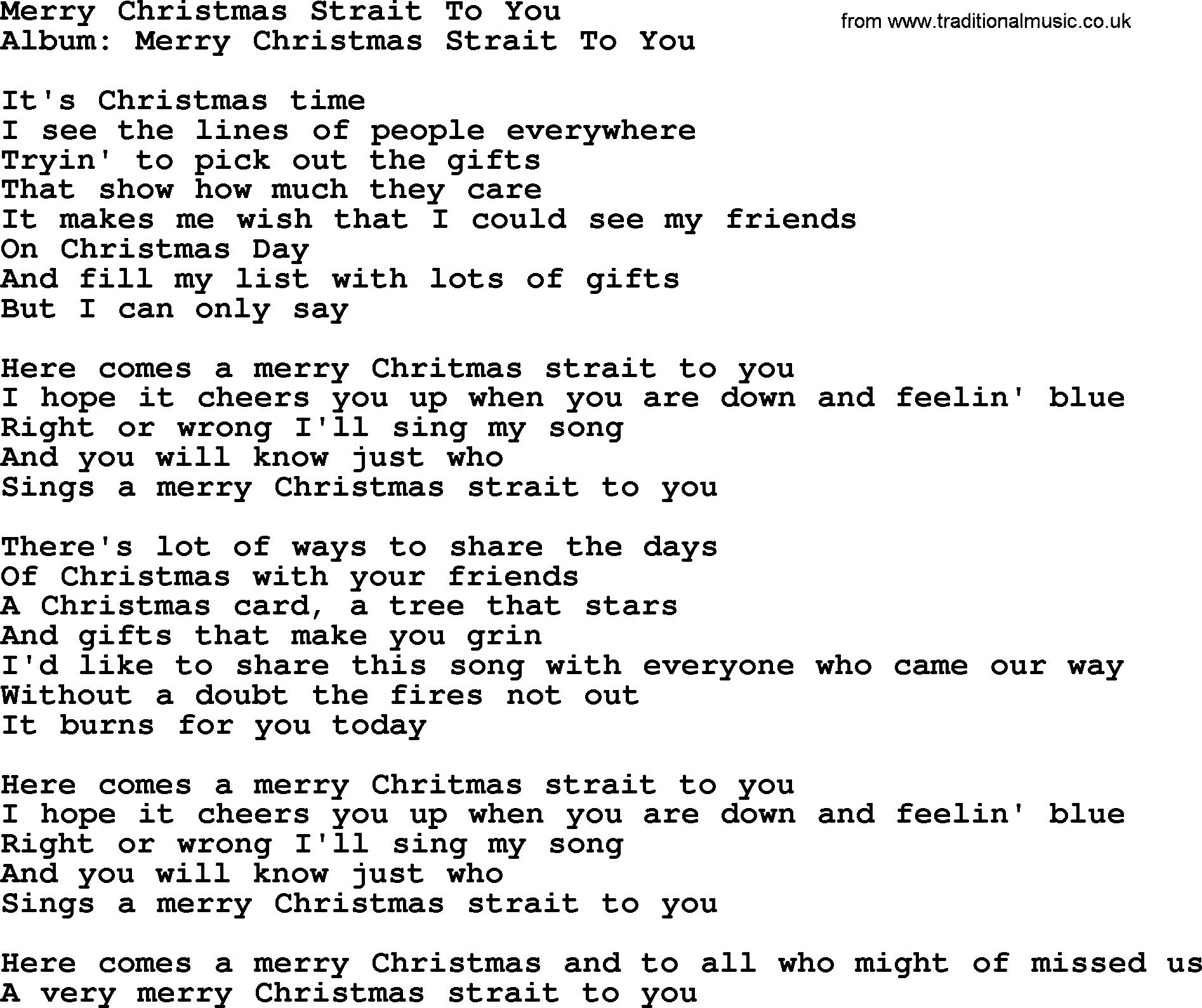 George Strait song: Merry Christmas Strait To You, lyrics