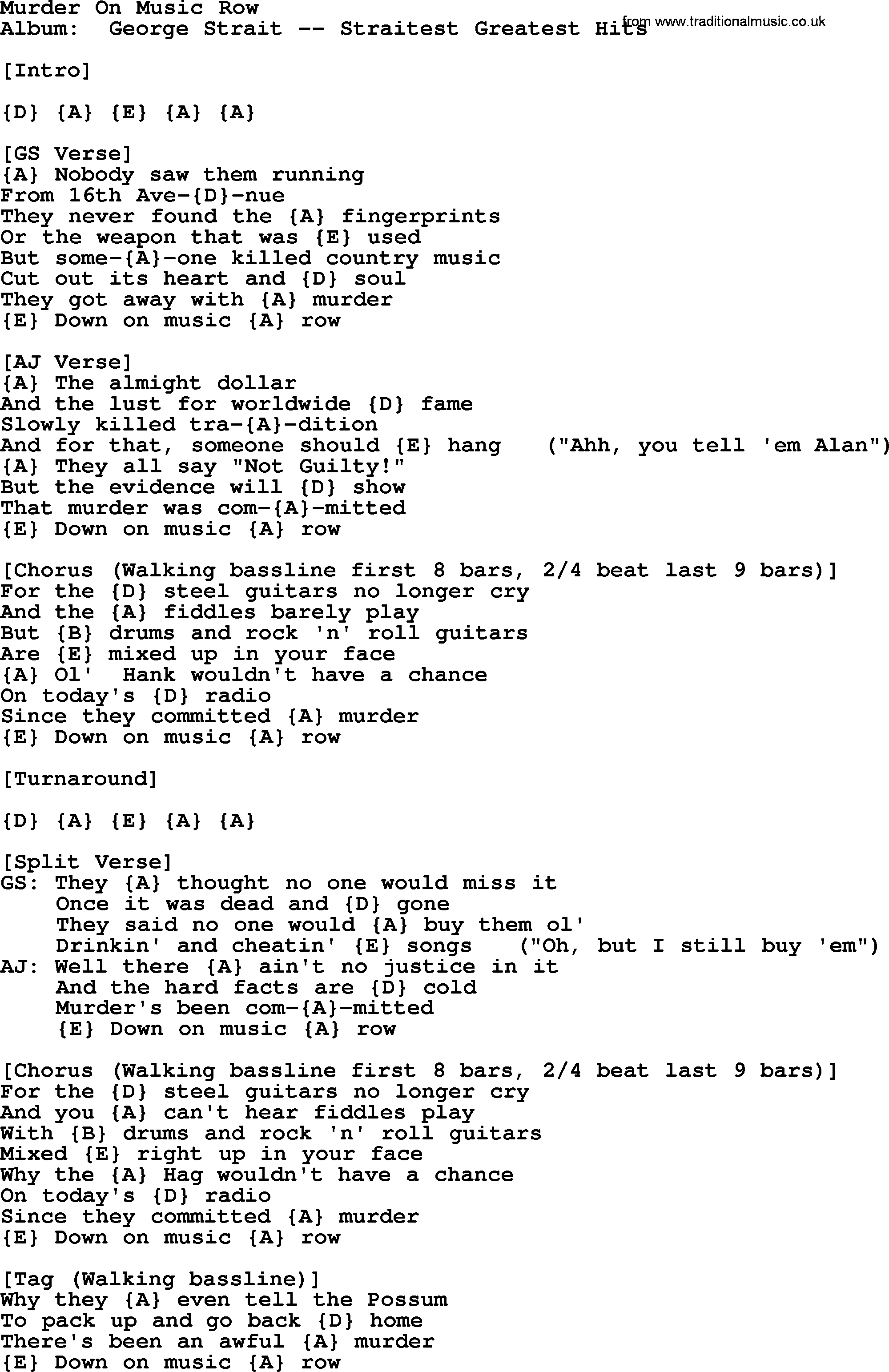 George Strait song: Murder On Music Row, lyrics and chords