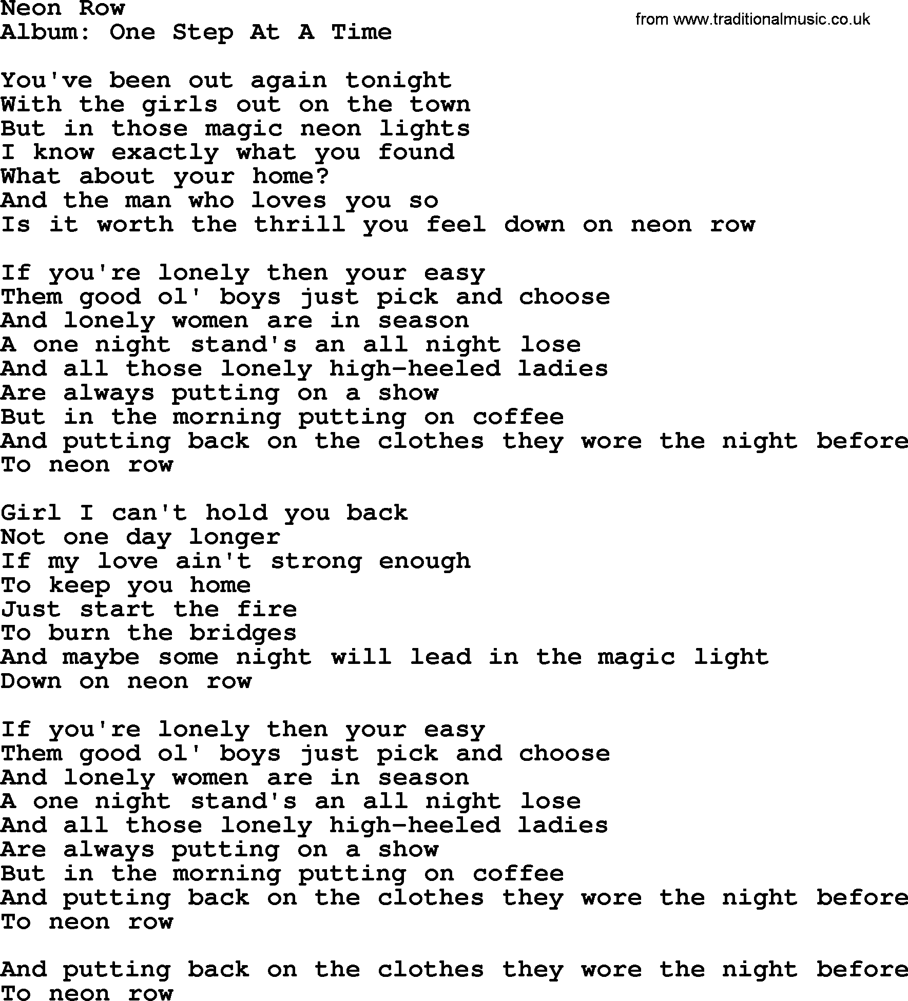 George Strait song: Neon Row, lyrics