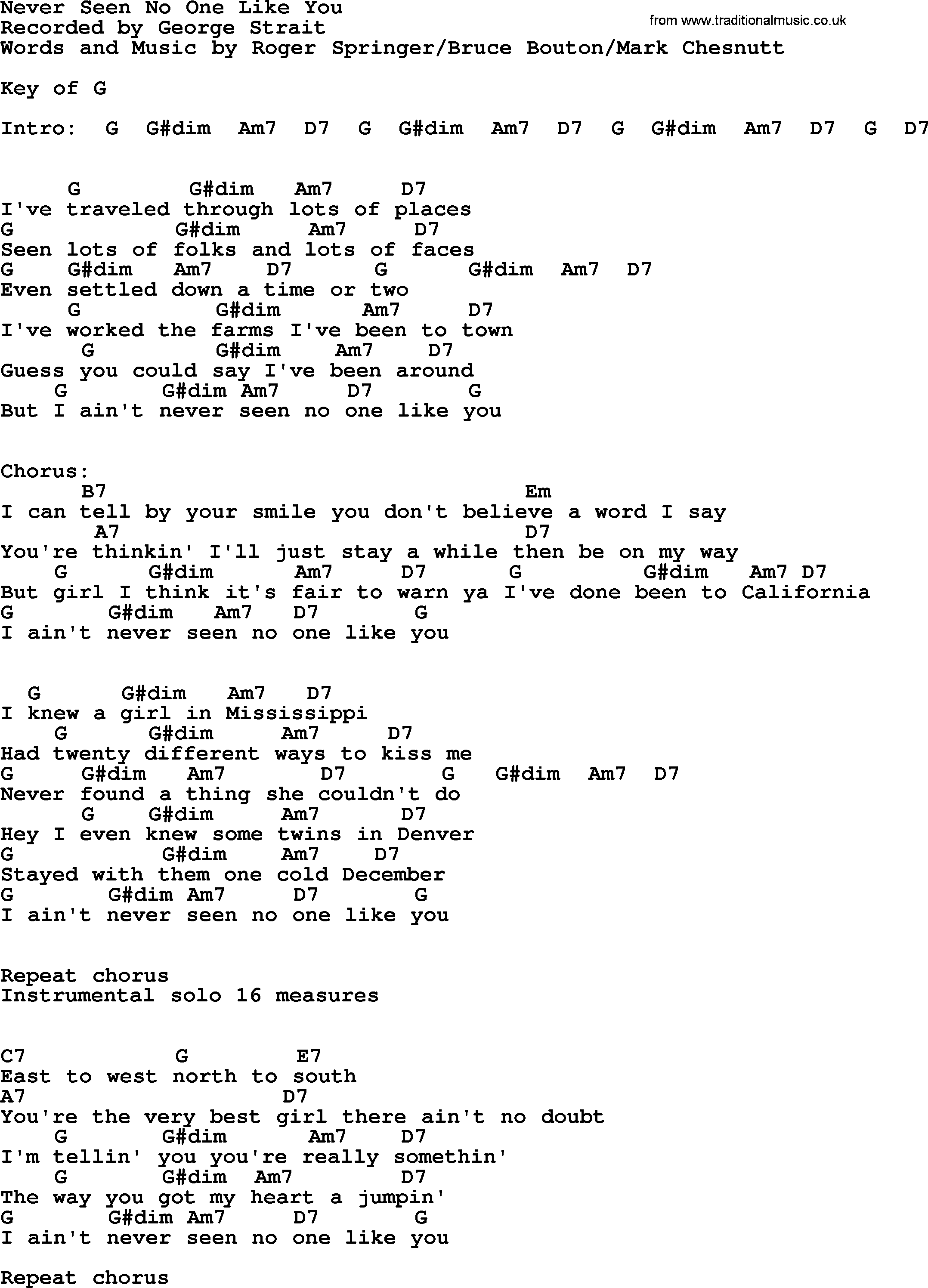 George Strait song: Never Seen No One Like You, lyrics and chords