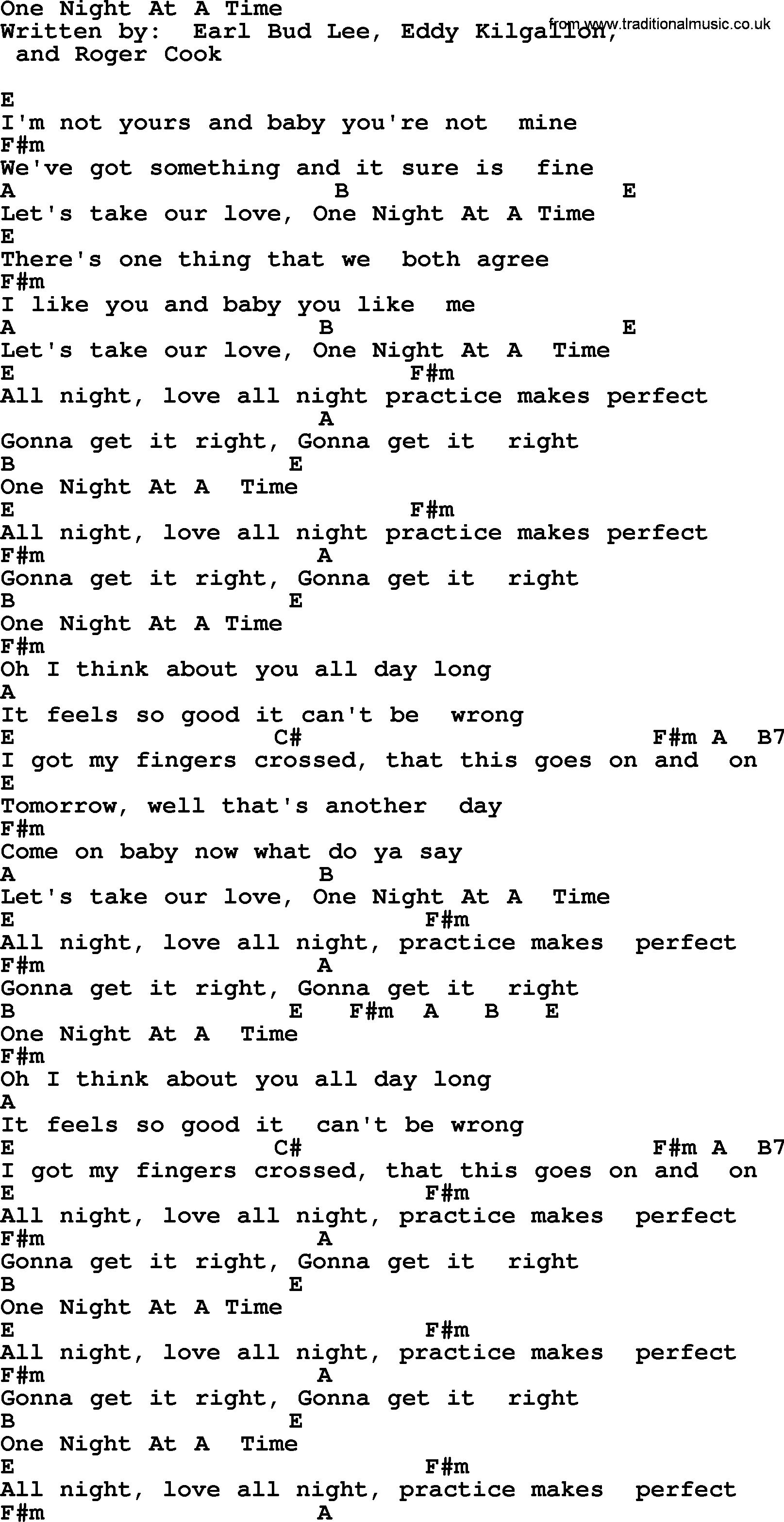 George Strait song: One Night At A Time, lyrics and chords