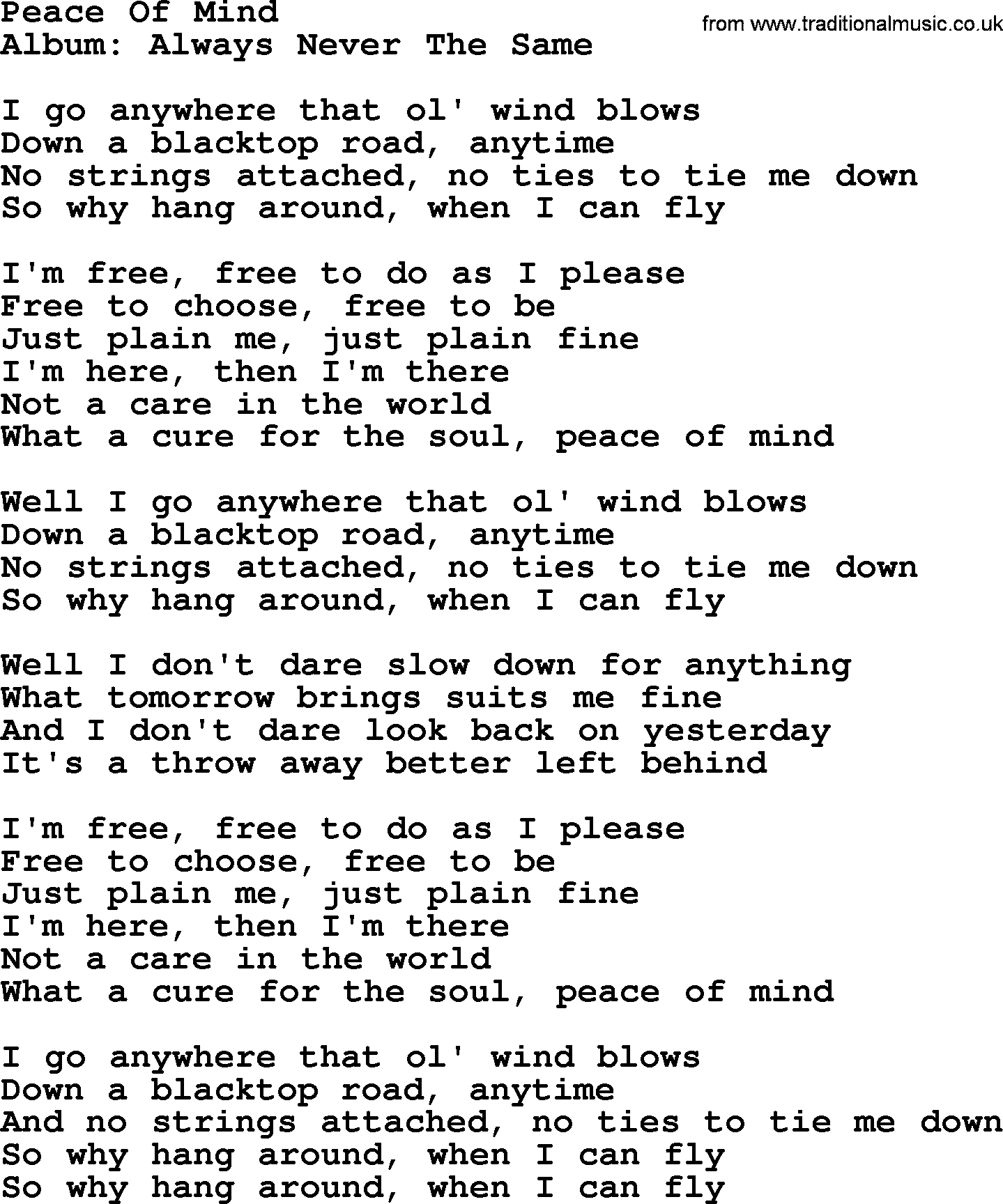 George Strait song: Peace Of Mind, lyrics