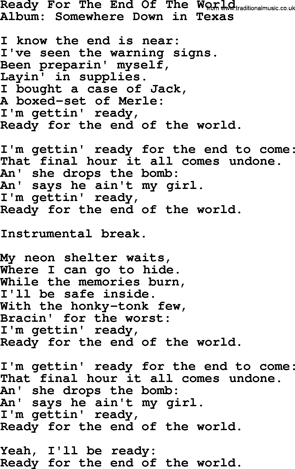 George Strait song: Ready For The End Of The World, lyrics