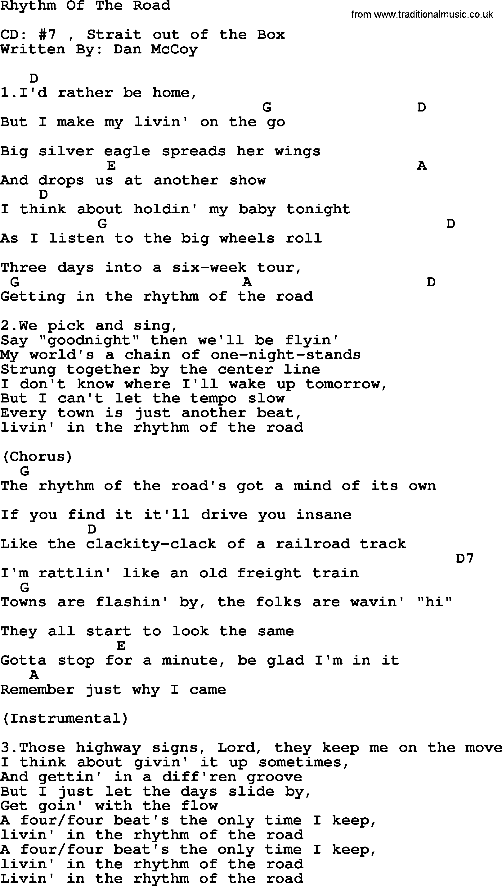 George Strait song: Rhythm Of The Road, lyrics and chords
