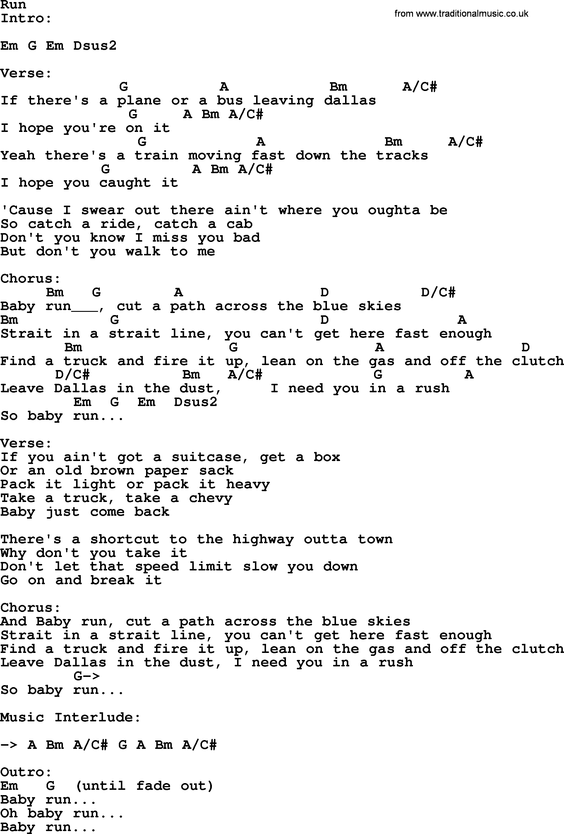 George Strait song: Run, lyrics and chords