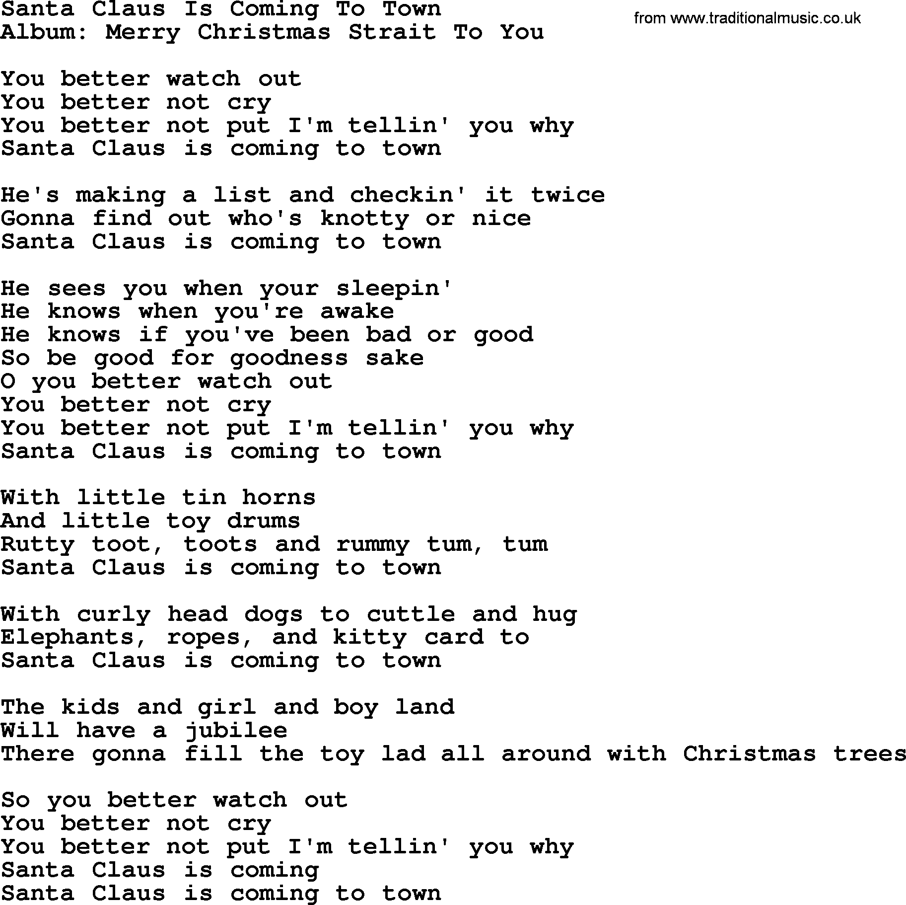 Santa Claus Is Coming To Town, by Strait lyrics