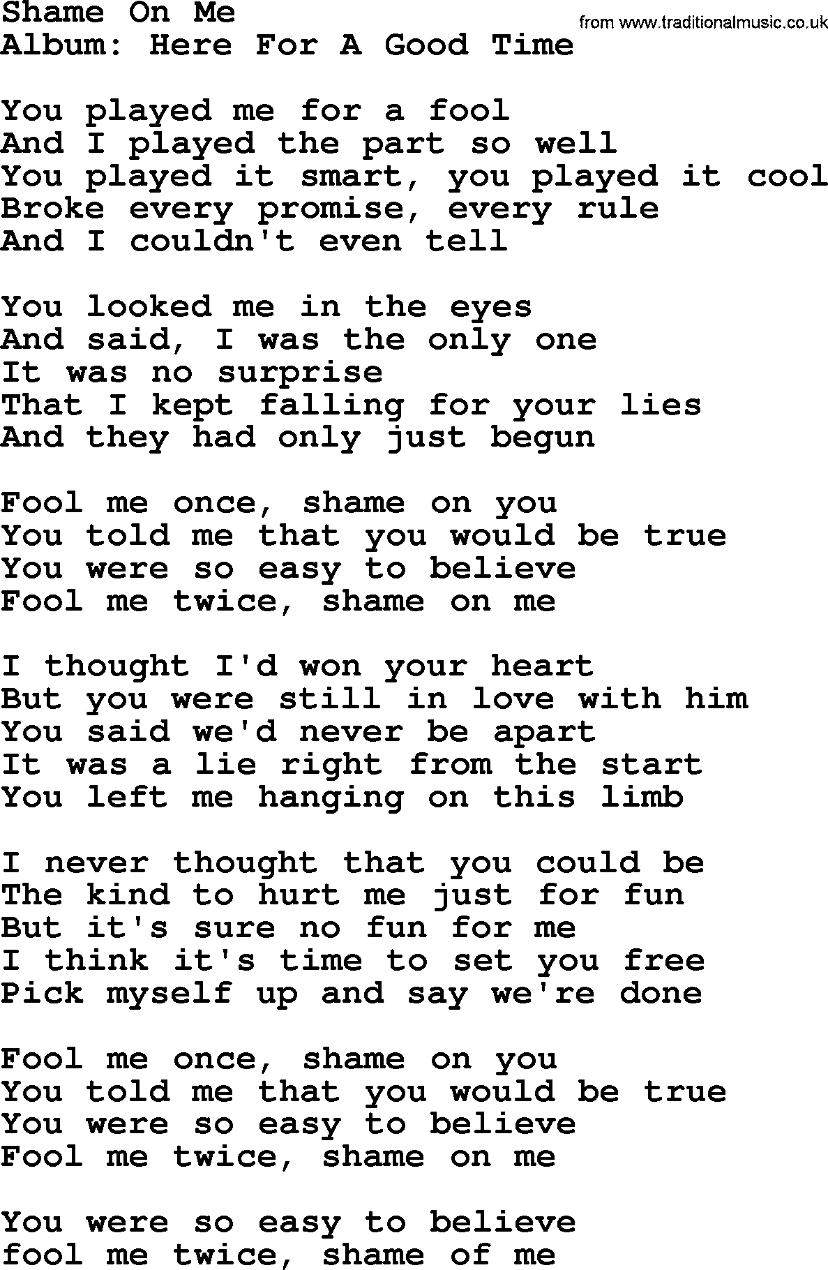 George Strait song: Shame On Me, lyrics