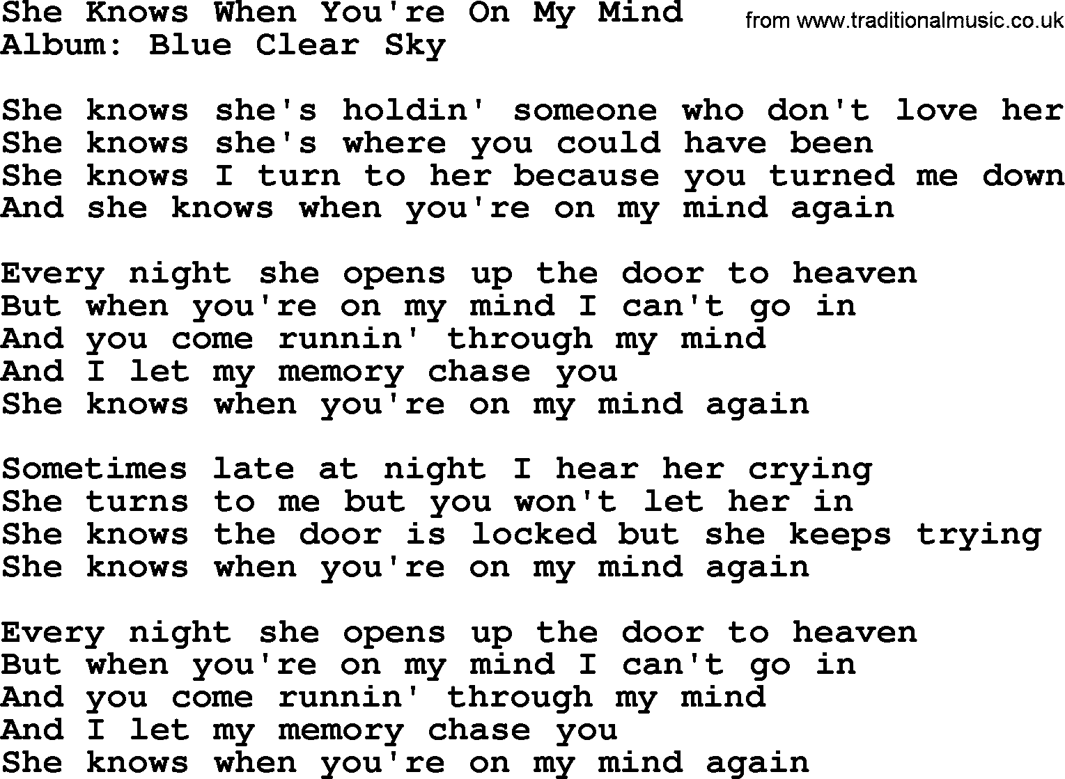 George Strait song: She Knows When You're On My Mind, lyrics