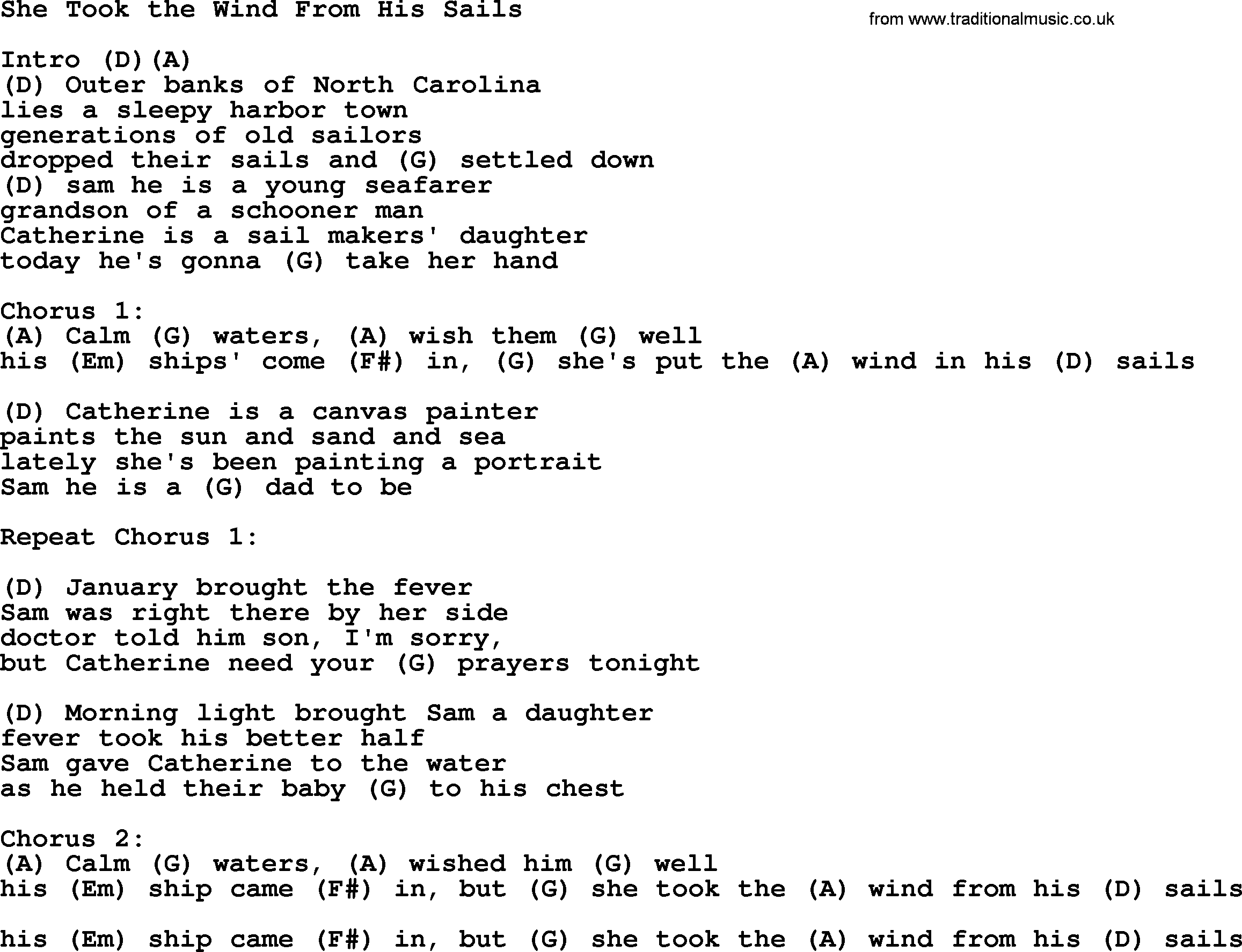 George Strait song: She Took the Wind From His Sails, lyrics and chords