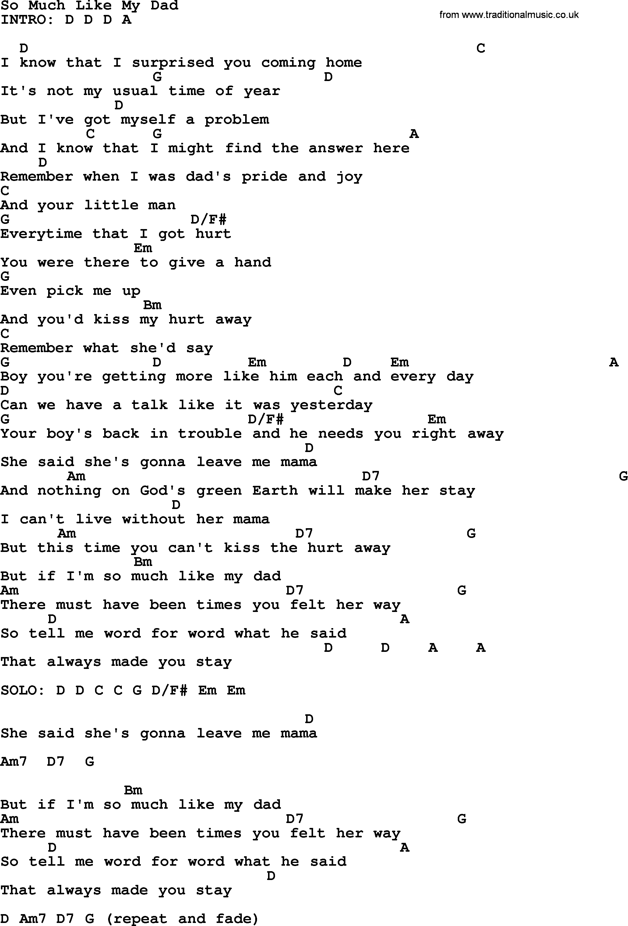 George Strait song: So Much Like My Dad, lyrics and chords