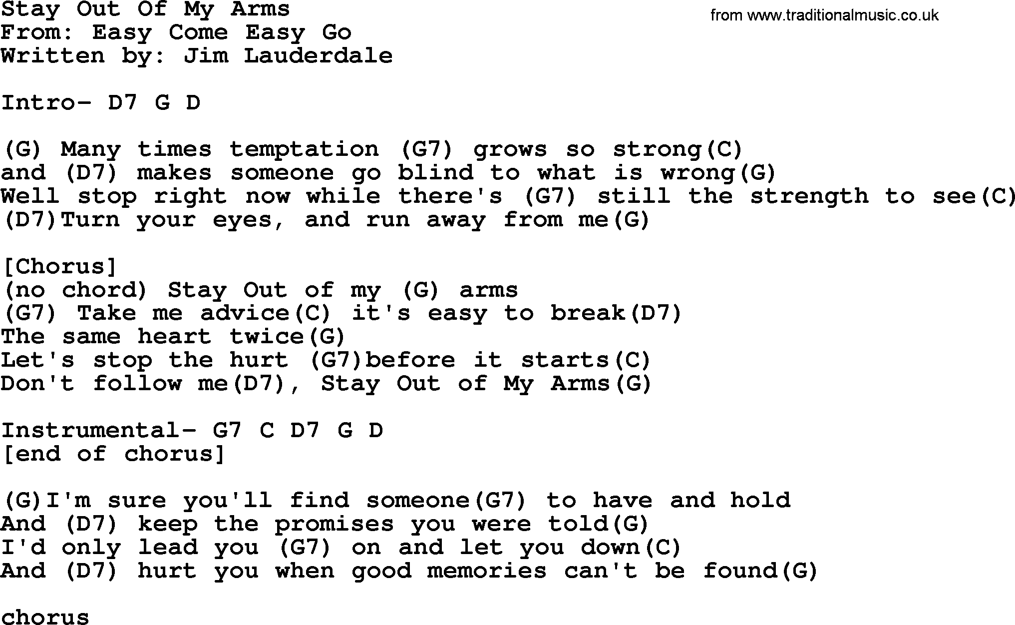 George Strait song: Stay Out Of My Arms, lyrics and chords