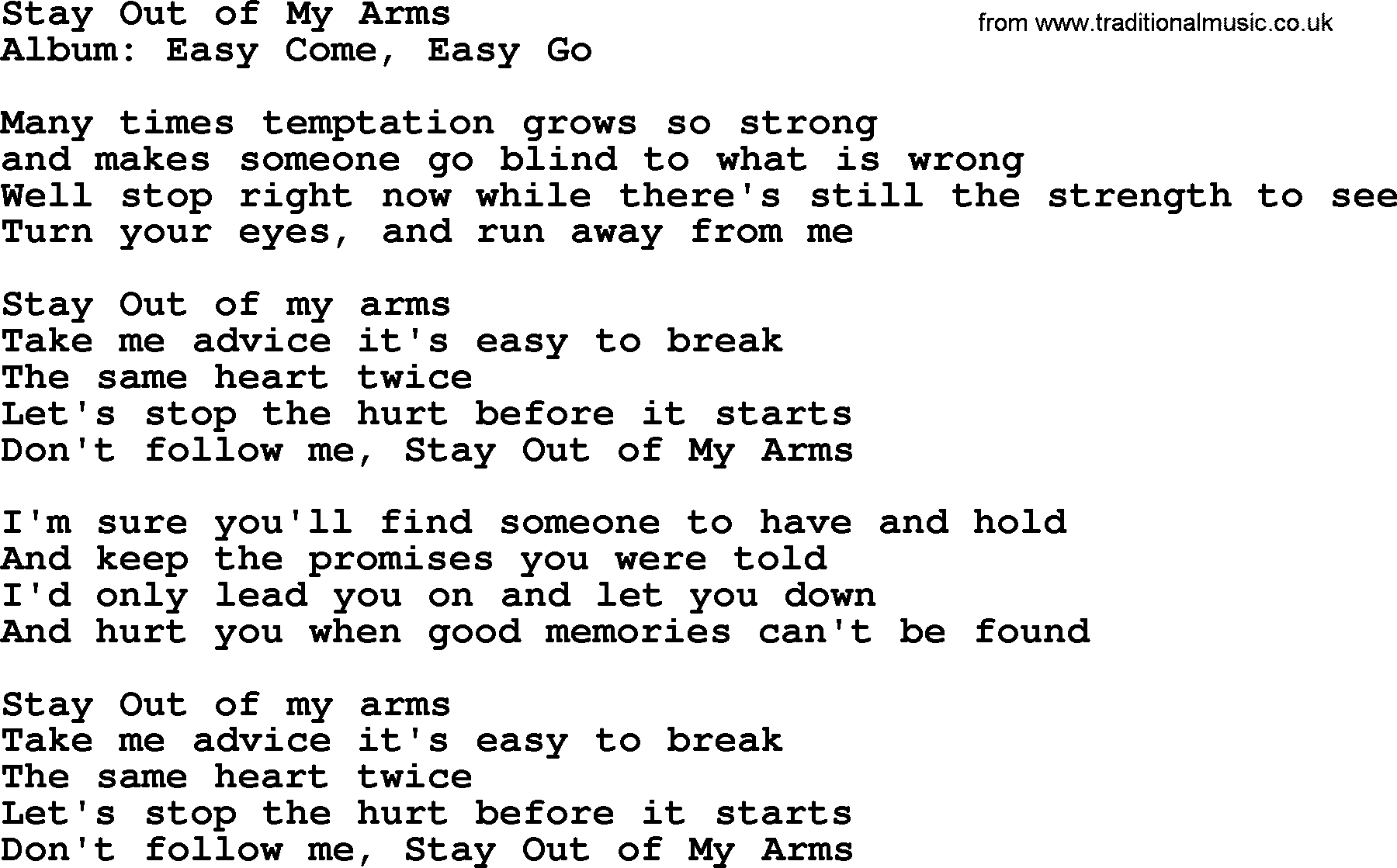 George Strait song: Stay Out of My Arms, lyrics