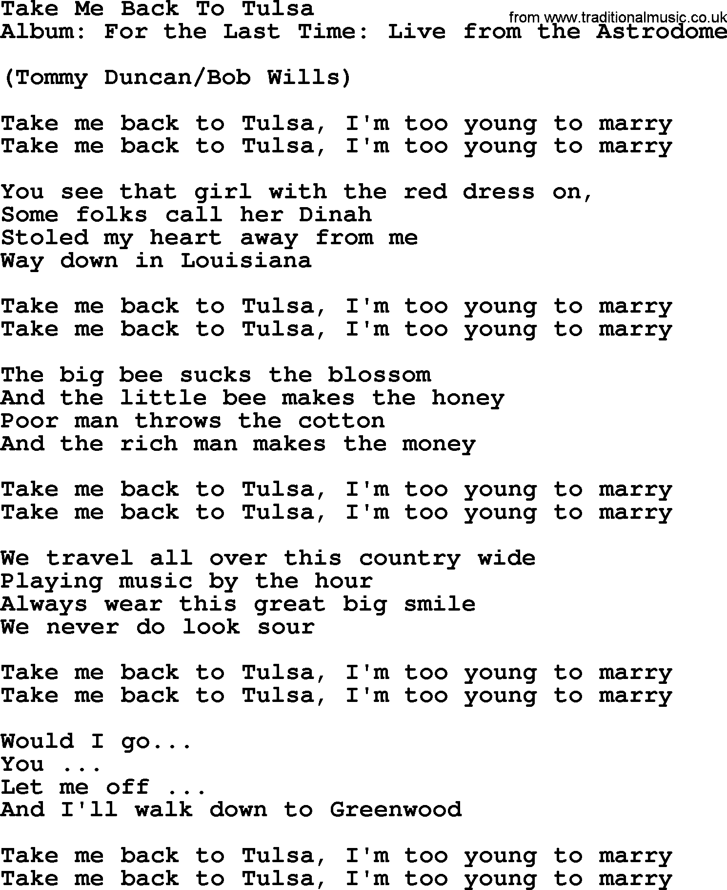 George Strait song: Take Me Back To Tulsa, lyrics